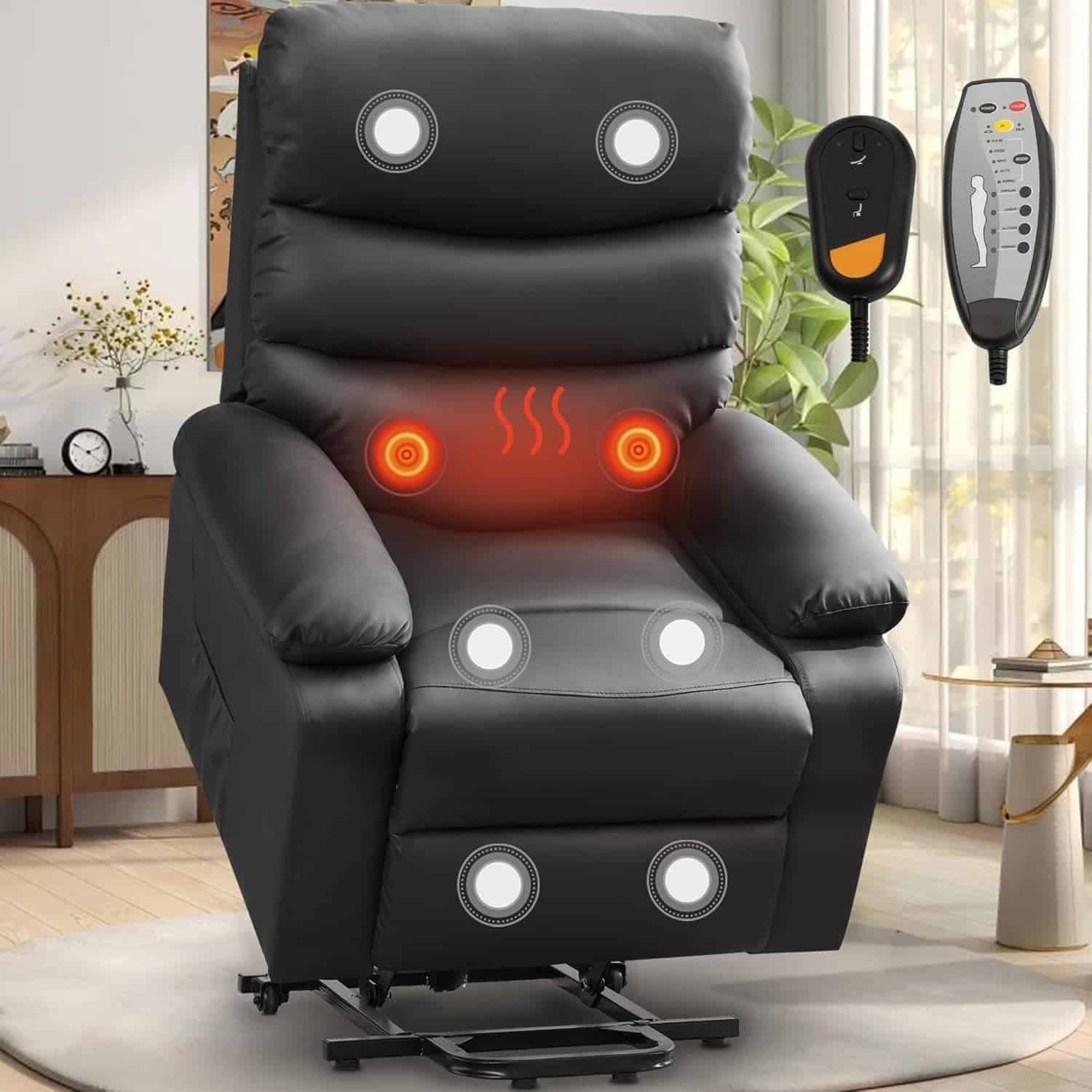 Electric Recliners Chair Elderly  Adult Ergonomic Elderly Power Lift Recliner Chair, Breathable Leather, with Heat Massage, Side Pockets, with 2 Remote, Black