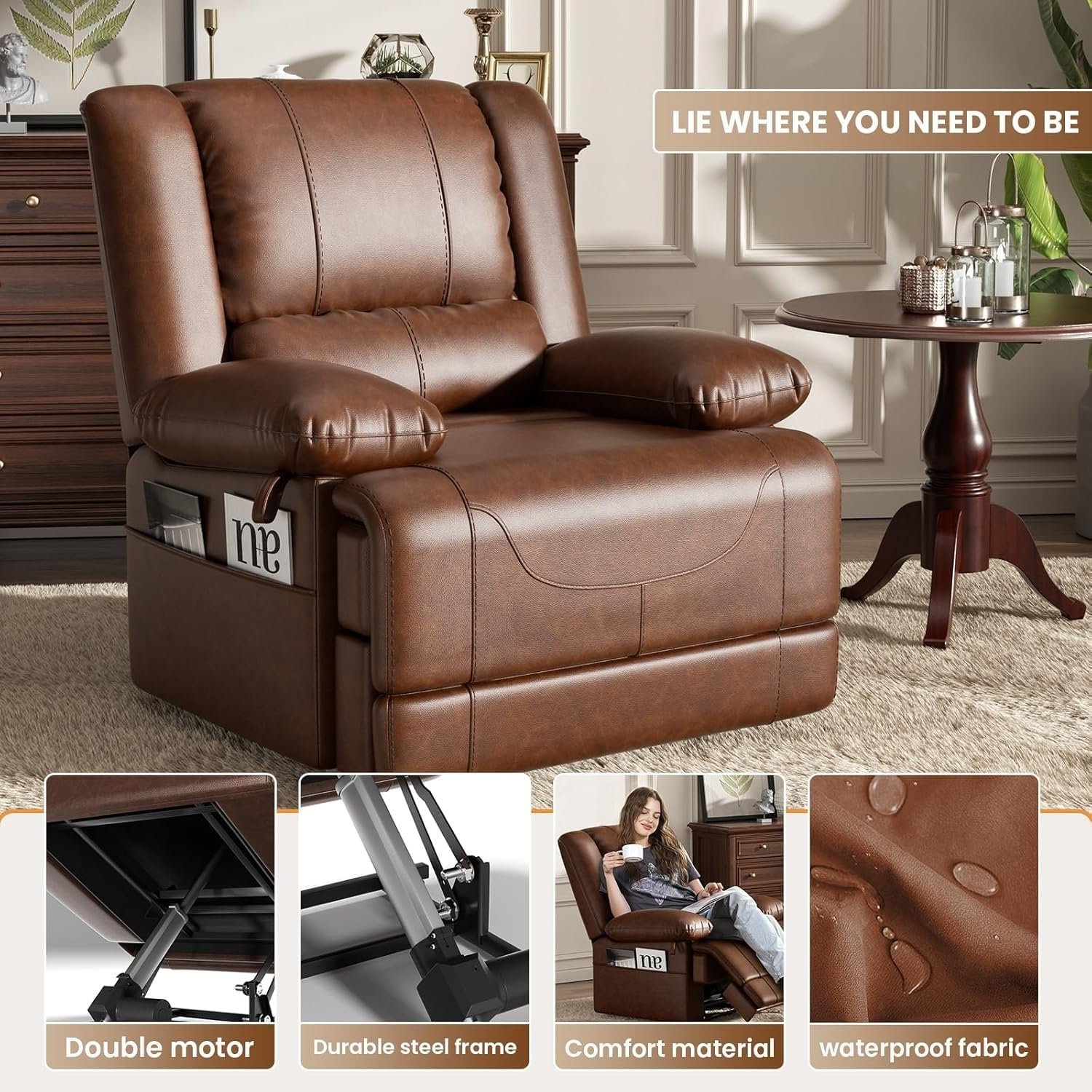 Electric Recliners Chair Elderly  Adult Ergonomic Lay Flat Power Lift Chair, with Massage and Heating, USB Ports and Remote Control,Breathable Leather, Red Brown, Infinite Position