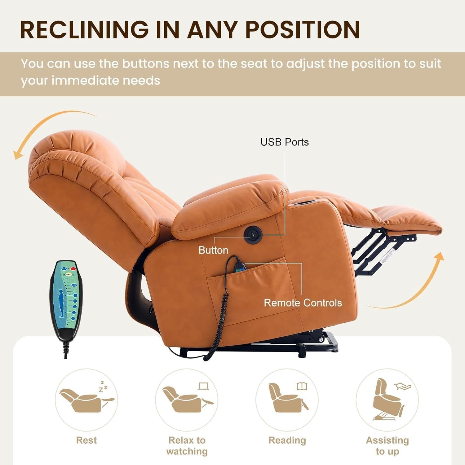 Electric Recliners Chair Elderly  Adult Ergonomic Power Lift Recliner Chair, with Massage and Heat, Breathable Leather, 2 Cup Holders, USB Ports, Electric Support of Metal,Remote Controls, Orange
