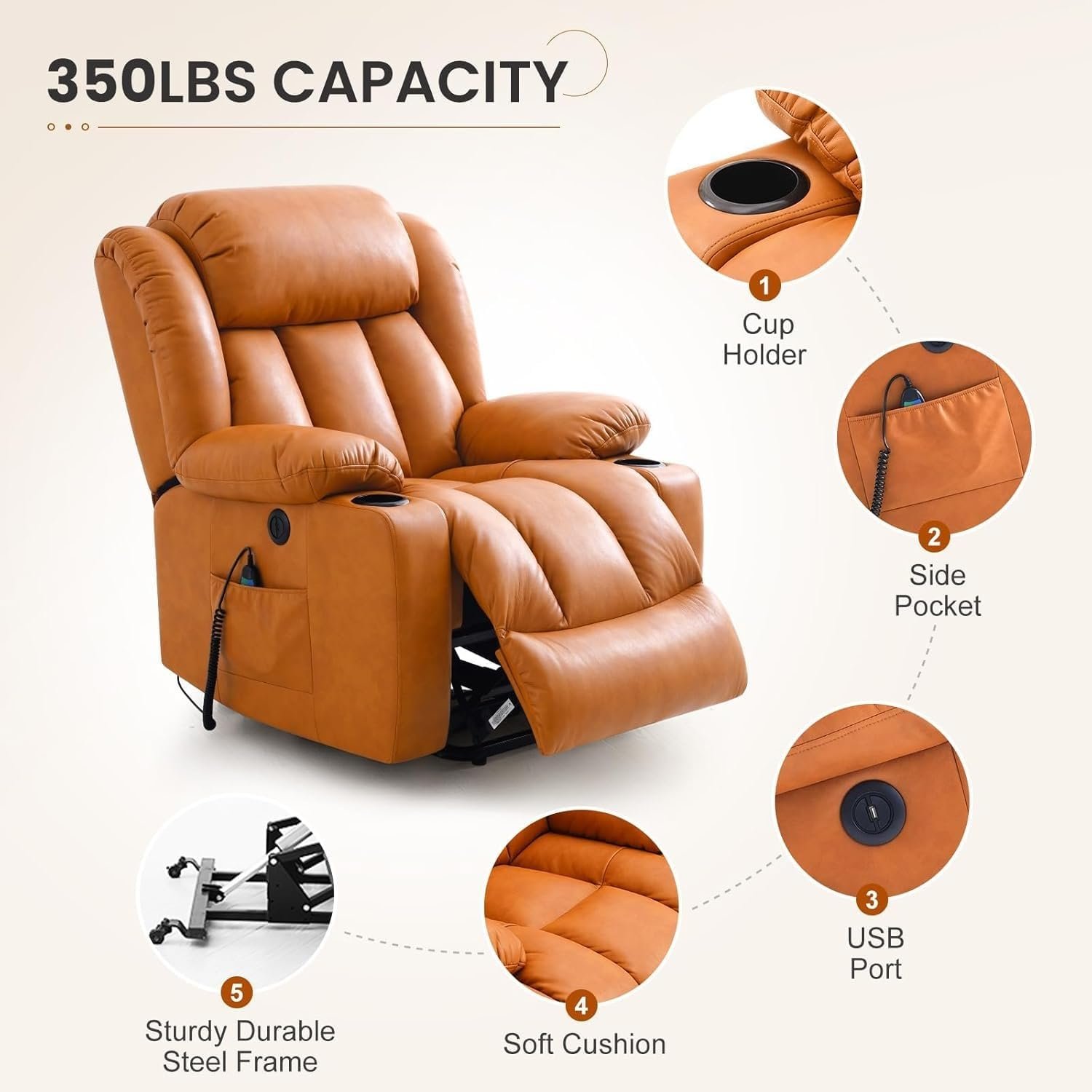 Electric Recliners Chair Elderly  Adult Ergonomic Power Lift Recliner Chair, with Massage and Heat, Breathable Leather, 2 Cup Holders, USB Ports, Electric Support of Metal,Remote Controls, Orange