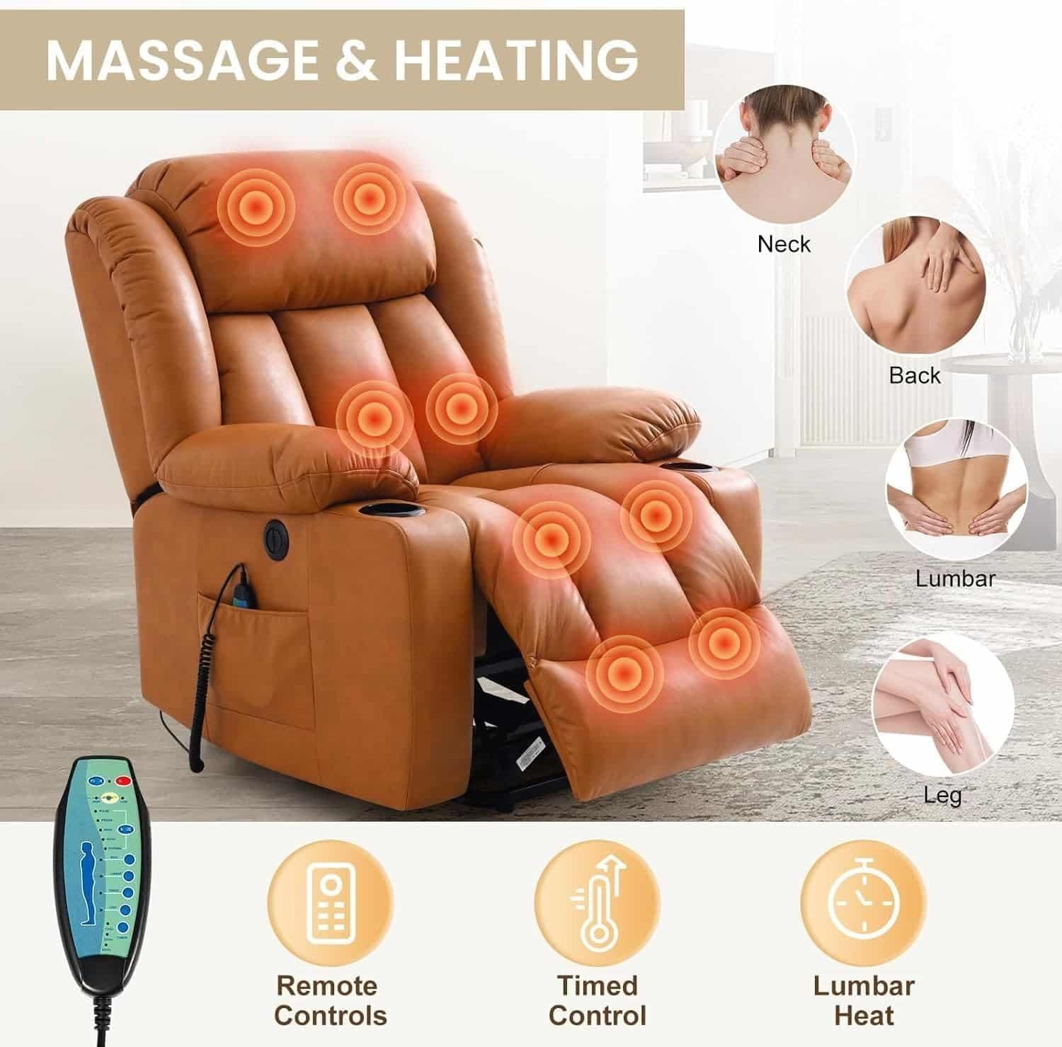 Electric Recliners Chair Elderly  Adult Ergonomic Power Lift Recliner Chair, with Massage and Heat, Breathable Leather, 2 Cup Holders, USB Ports, Electric Support of Metal,Remote Controls, Orange