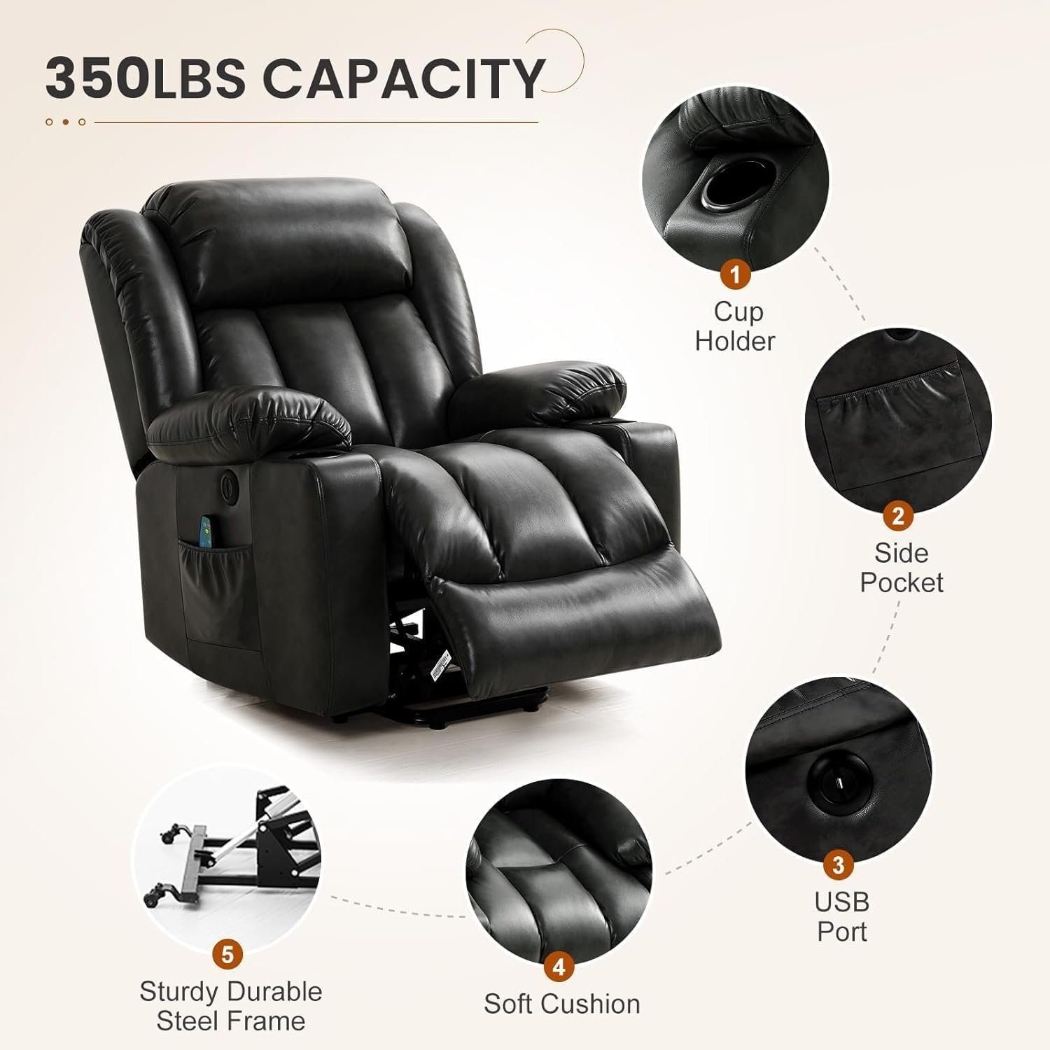 Electric Recliners Chair Elderly Adult Ergonomic Power Lift Recliner Chair, with Massage and Heat, Breathable Leather, 2 Cup Holders, USB Ports, Electric Support of Metal,Remote Controls, Black
