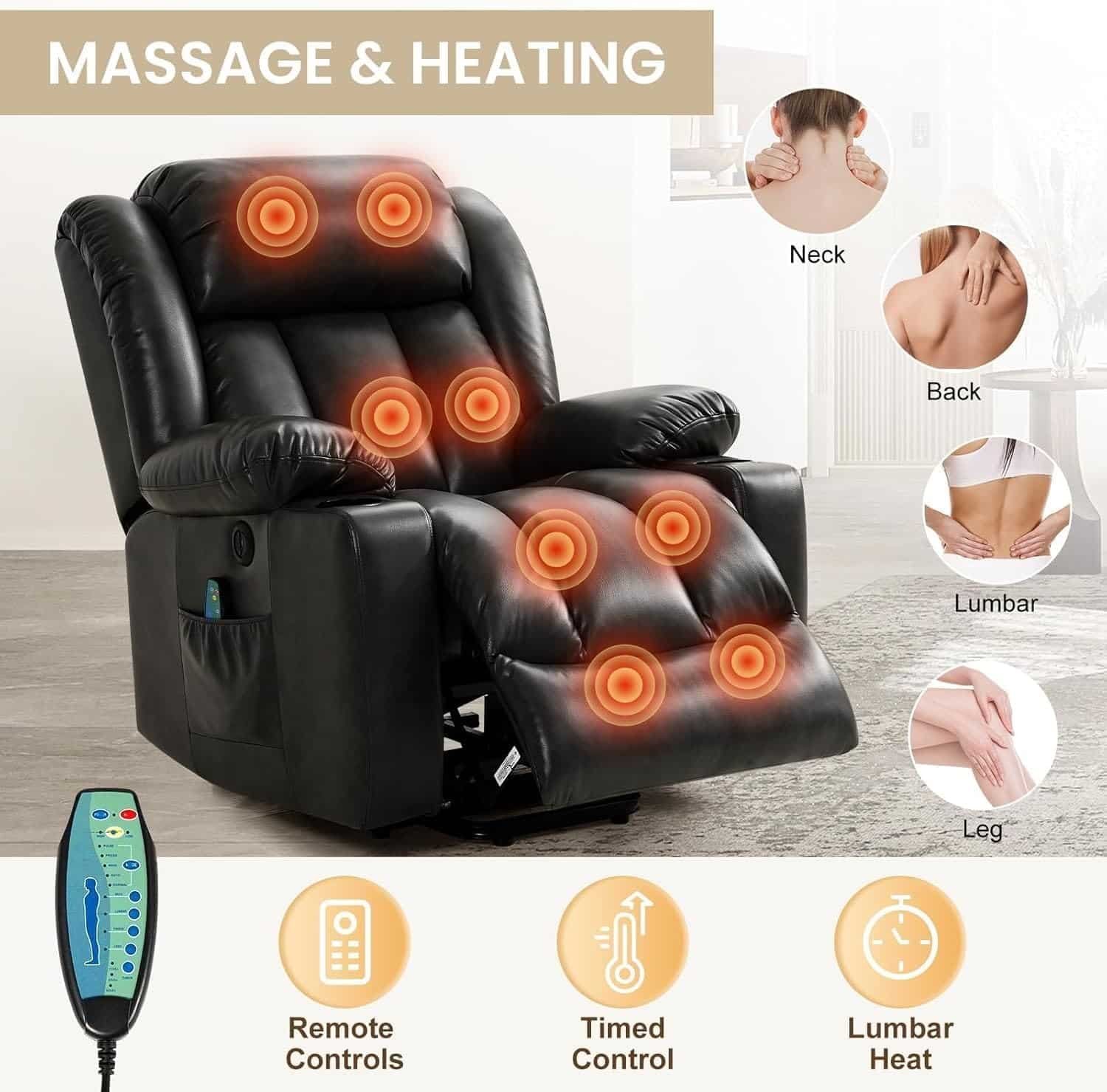 Electric Recliners Chair Elderly Adult Ergonomic Power Lift Recliner Chair, with Massage and Heat, Breathable Leather, 2 Cup Holders, USB Ports, Electric Support of Metal,Remote Controls, Black
