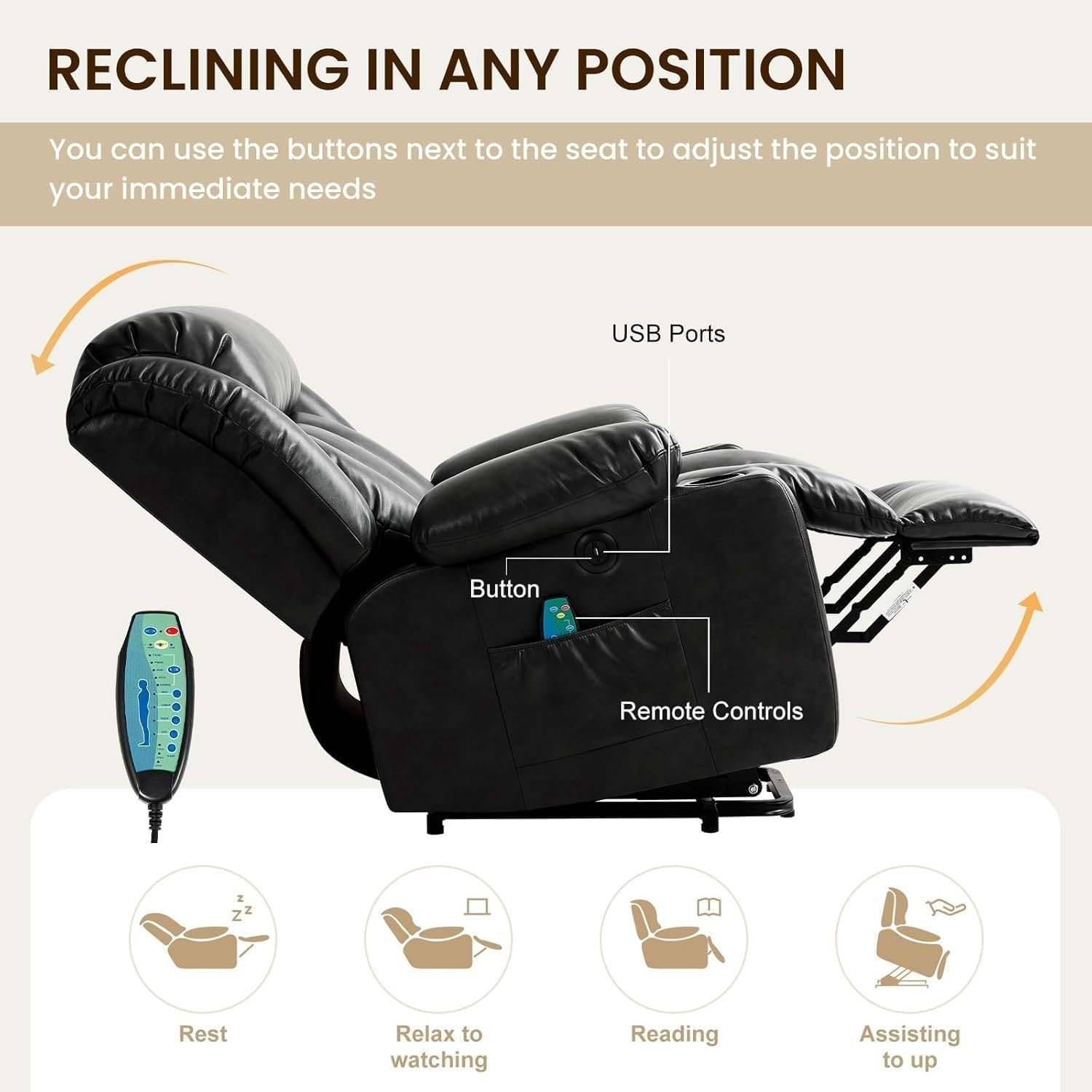 Electric Recliners Chair Elderly Adult Ergonomic Power Lift Recliner Chair, with Massage and Heat, Breathable Leather, 2 Cup Holders, USB Ports, Electric Support of Metal,Remote Controls, Black