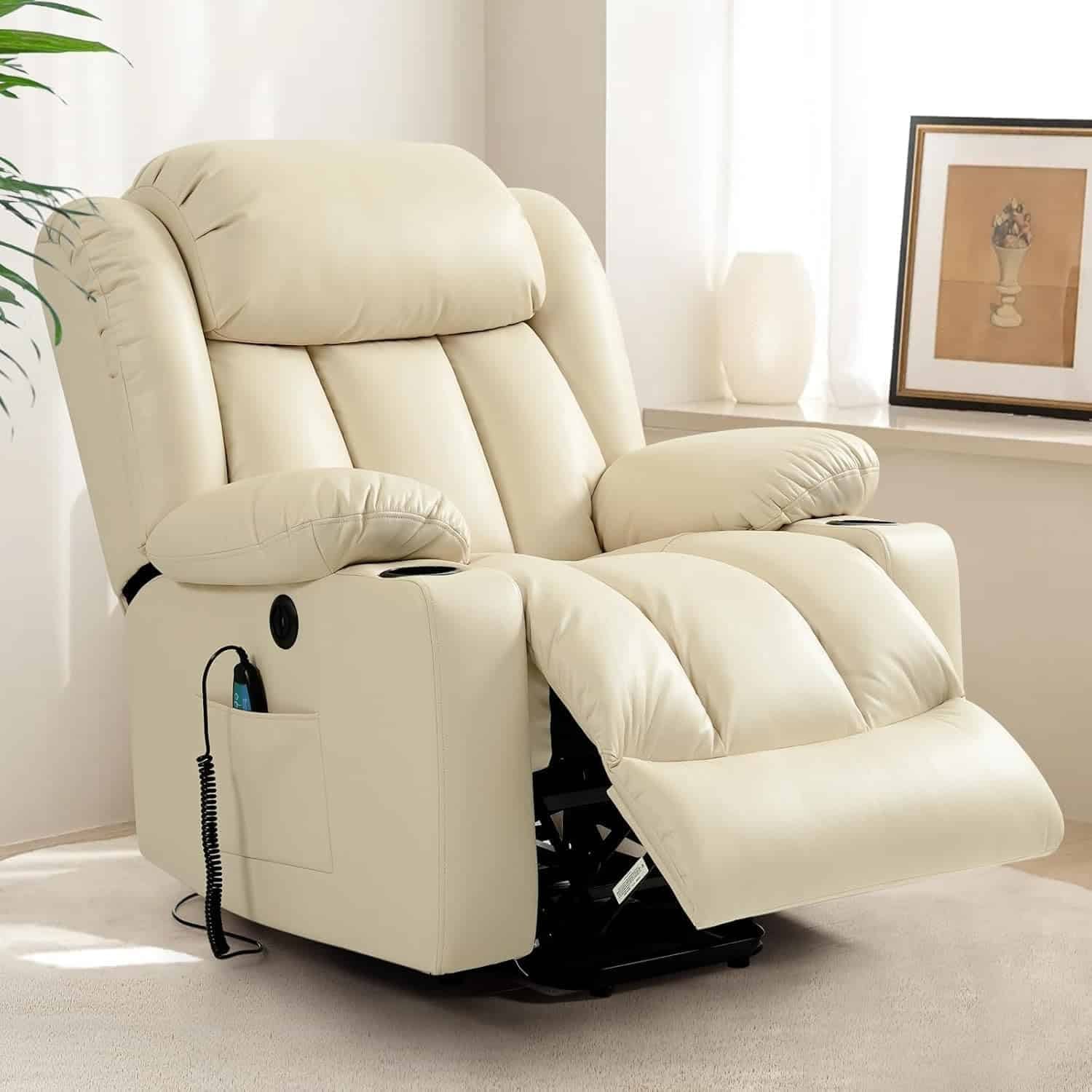 Electric Recliners Chair Elderly  Adult Ergonomic Power Lift Recliner Chair, with Massage and Heat, Breathable Leather, 2 Cup Holders, USB Ports, Electric Support of Metal,Remote Controls, Beige