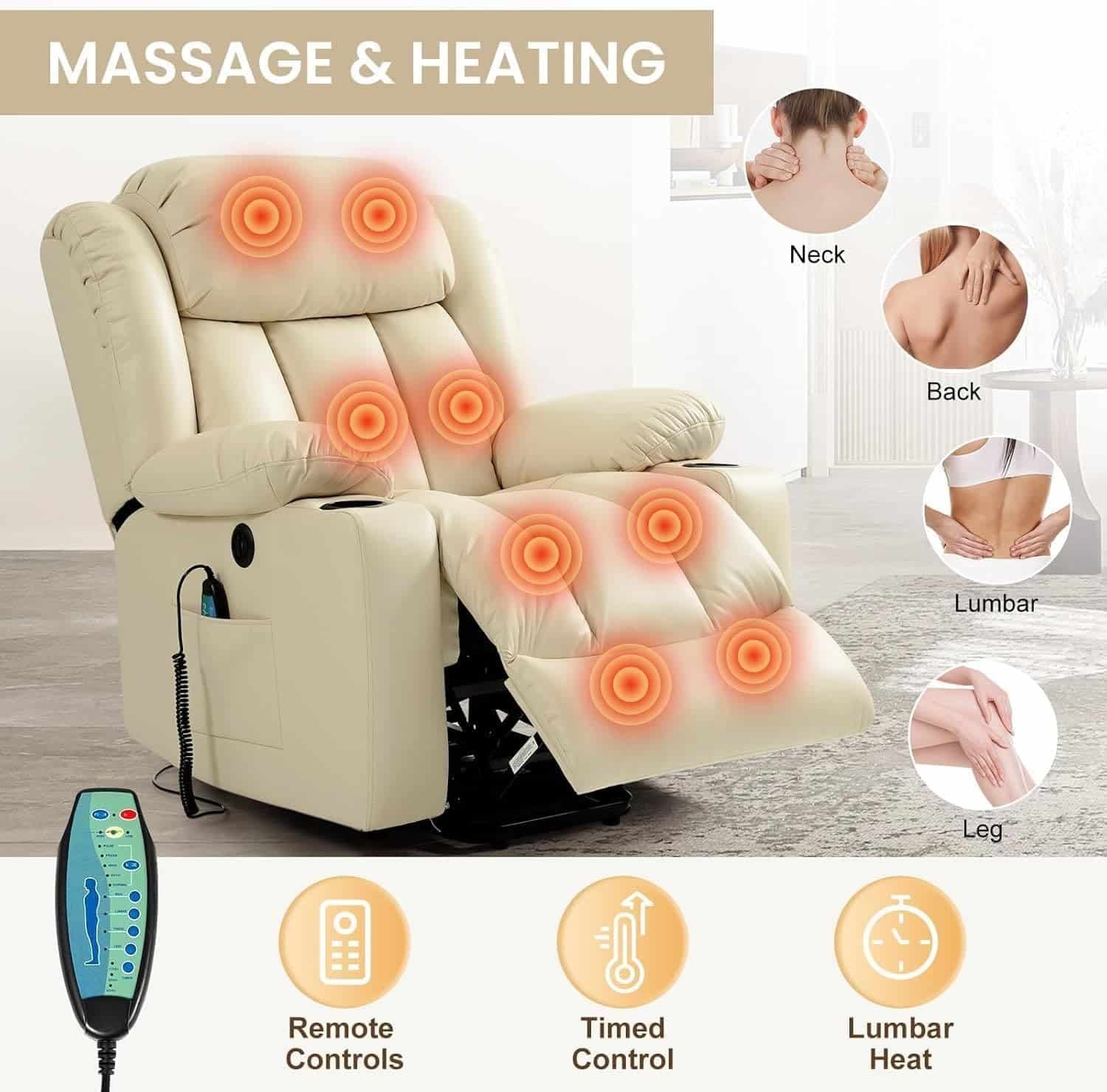 Electric Recliners Chair Elderly  Adult Ergonomic Power Lift Recliner Chair, with Massage and Heat, Breathable Leather, 2 Cup Holders, USB Ports, Electric Support of Metal,Remote Controls, Beige
