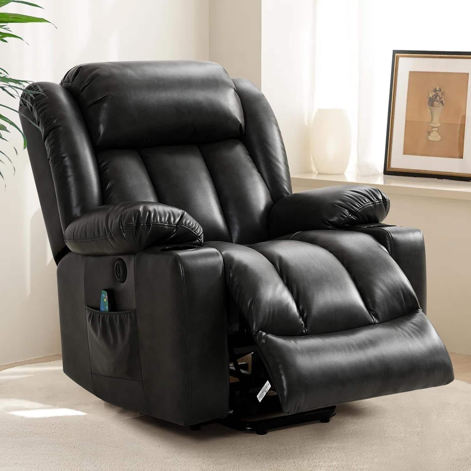 Electric Recliners Chair Elderly Adult Ergonomic Power Lift Recliner Chair, with Massage and Heat, Breathable Leather, 2 Cup Holders, USB Ports, Electric Support of Metal,Remote Controls, Black