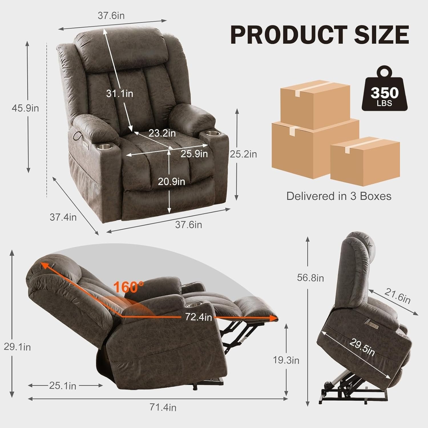 Electric Recliners Chair Elderly  Adult Ergonomic Power Lift Recliner Chair with Massage and Heat, Overstuffed Wide, Breathable Leather Lift Chairs w/Metal Cup Holders, USB  Type-C Ports, Matte Grey