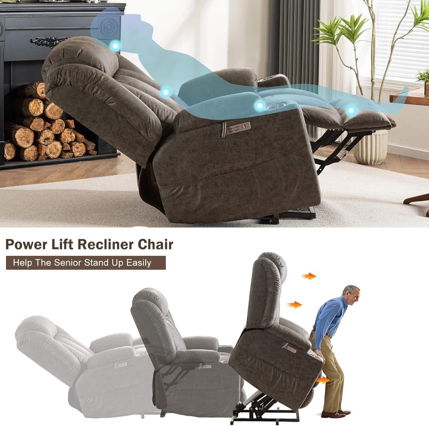 Electric Recliners Chair Elderly  Adult Ergonomic Power Lift Recliner Chair with Massage and Heat, Overstuffed Wide, Breathable Leather Lift Chairs w/Metal Cup Holders, USB  Type-C Ports, Matte Grey