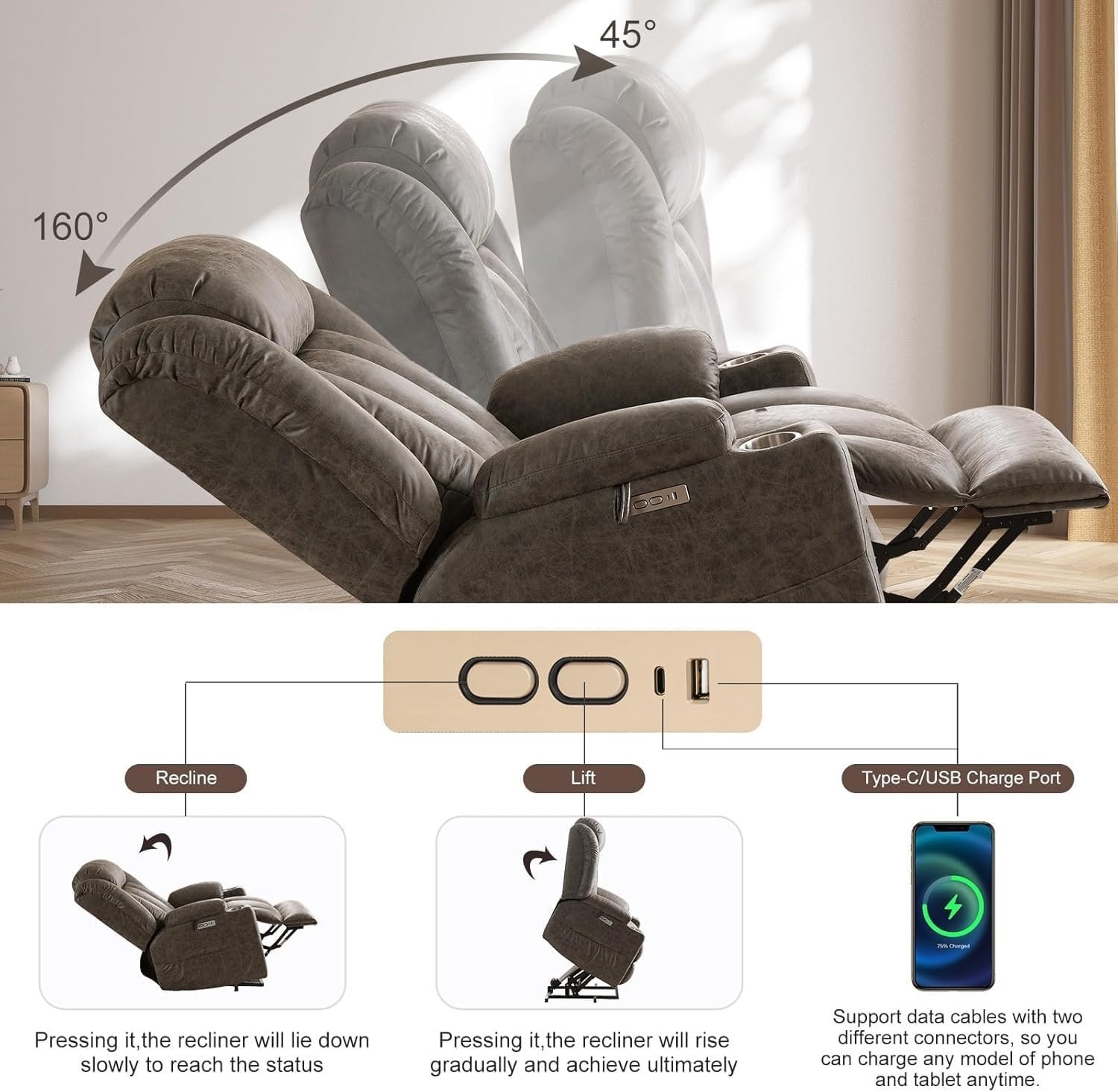 Electric Recliners Chair Elderly  Adult Ergonomic Power Lift Recliner Chair with Massage and Heat, Overstuffed Wide, Breathable Leather Lift Chairs w/Metal Cup Holders, USB  Type-C Ports, Matte Grey