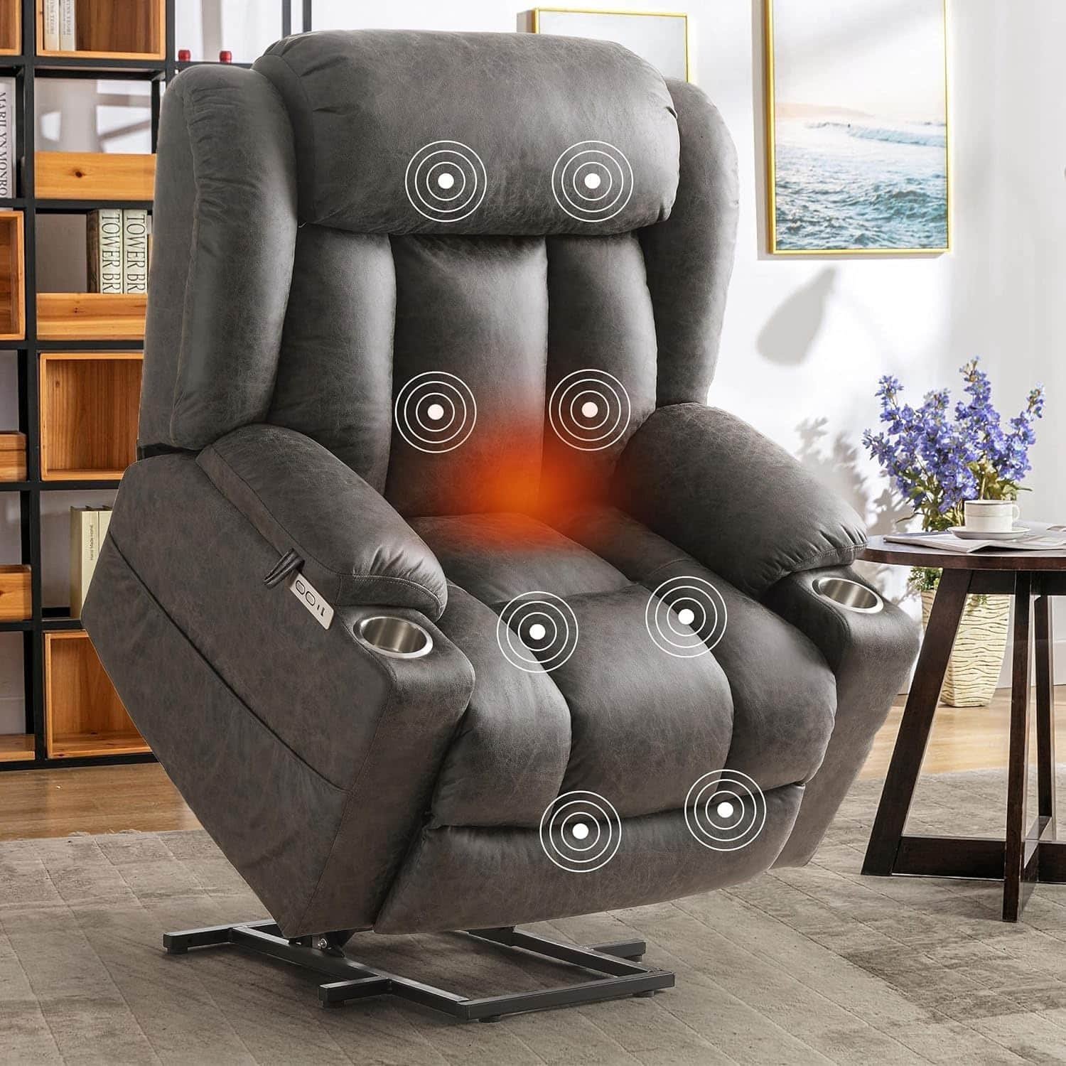 Electric Recliners Chair Elderly  Adult Ergonomic Power Lift Recliner Chair with Massage and Heat, Overstuffed Wide, Breathable Leather Lift Chairs w/Metal Cup Holders, USB  Type-C Ports, Matte Grey