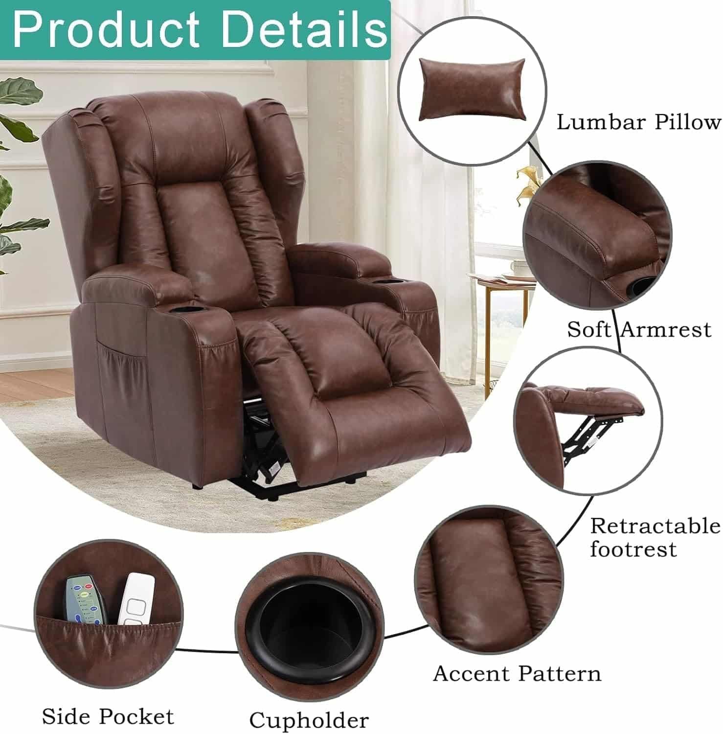 Electric Recliners Chair Elderly  Adult Ergonomic Power Lift Recliner Chair with Massage and Heating, with Side Pocket, USB Charge Port, Cup Holders, Leather