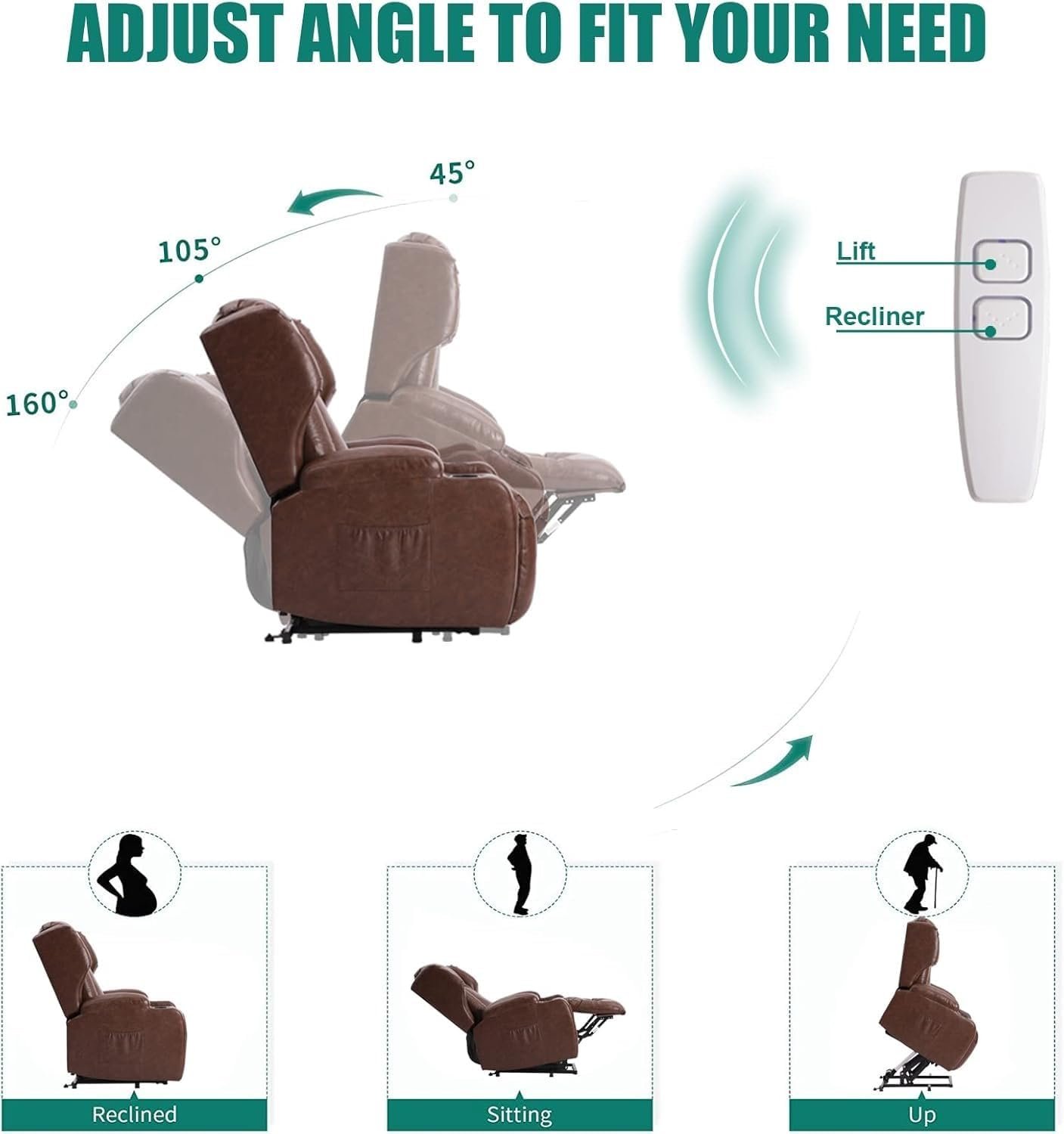 Electric Recliners Chair Elderly  Adult Ergonomic Power Lift Recliner Chair with Massage and Heating, with Side Pocket, USB Charge Port, Cup Holders, Leather