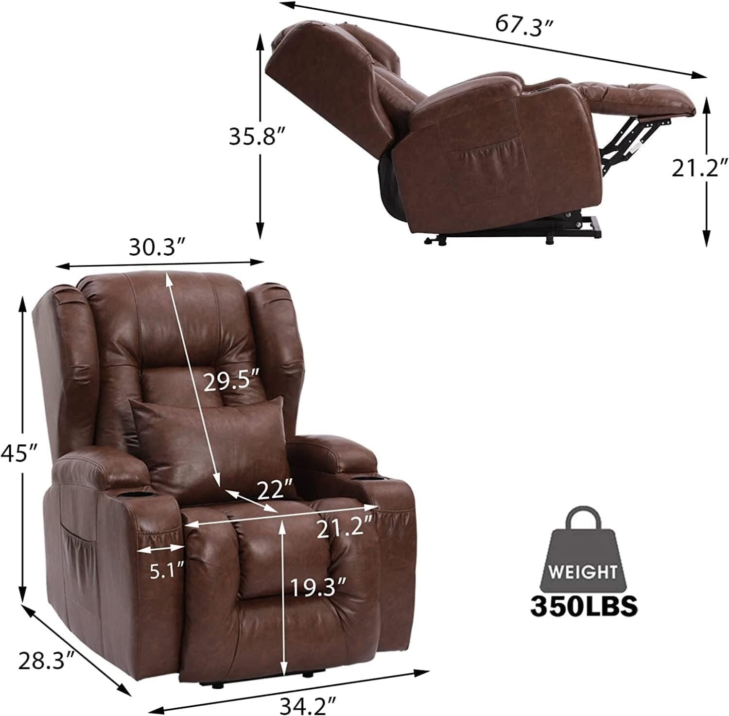 Electric Recliners Chair Elderly  Adult Ergonomic Power Lift Recliner Chair with Massage and Heating, with Side Pocket, USB Charge Port, Cup Holders, Leather
