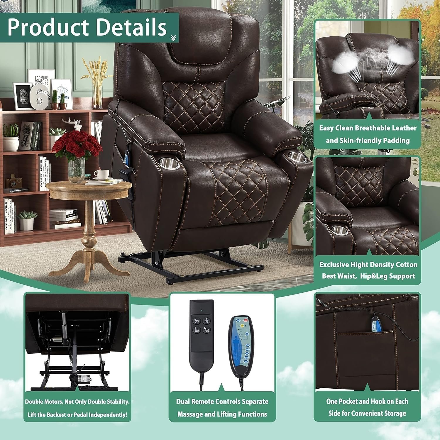 Electric Recliners Chair Elderly Adult Ergonomic Power Lift Recliner, High Density Foam Lift Chair with Heat and Massage, Reclining to 180, 2 Cup Holders, 2 Remote Controls, Dual Motors, Breathable Electric Recliners Chair Elderly Adult Ergonomic Power Lift Recliner, High Density Foam Lift Chair with Heat and Massage, Reclining to 180, 2 Cup Holders, 2 Remote Controls, Dual Motors, Breathable