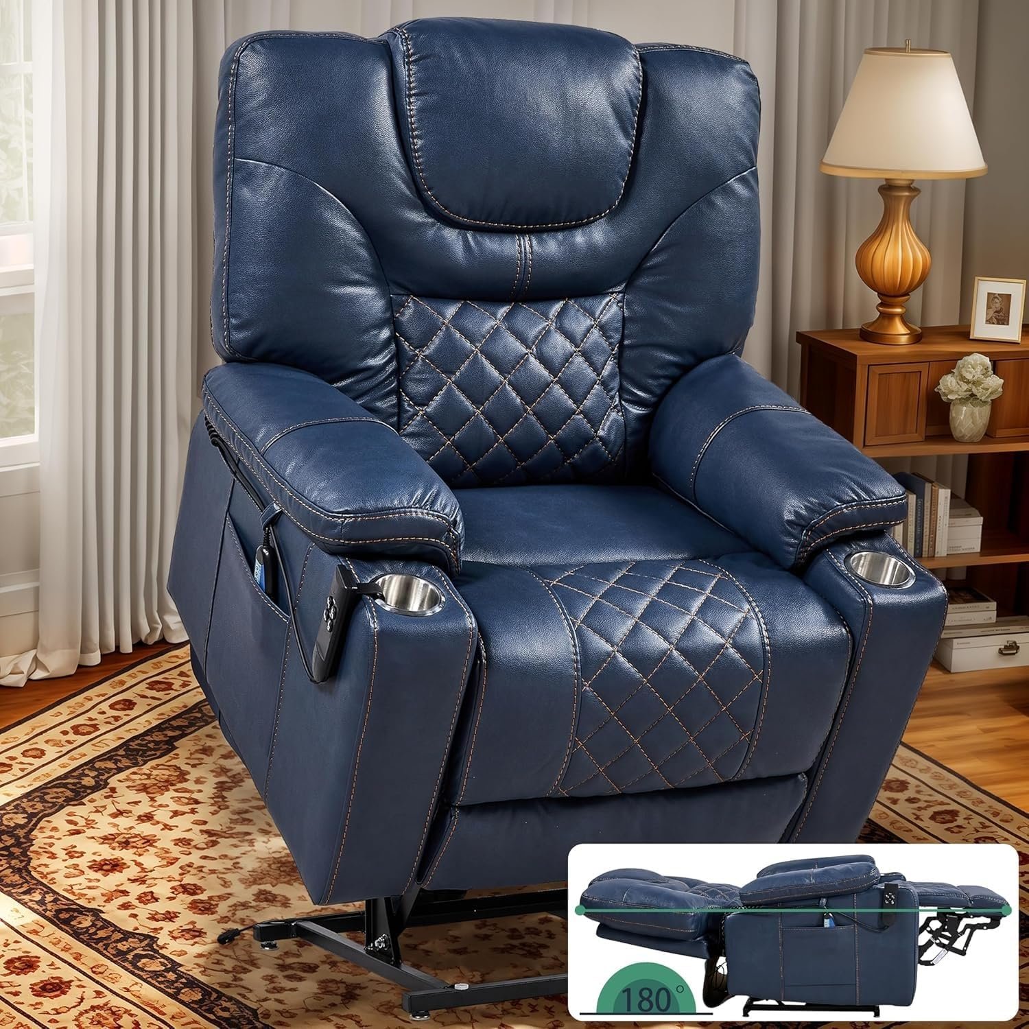 Electric Recliners Chair Elderly  Adult Ergonomic Power Lift Recliner, High Density Foam Lift Chair with Heat and Massage, Reclining to 180, 2 Cup Holders, 2 Remote Controls, Dual Motors, Breathable