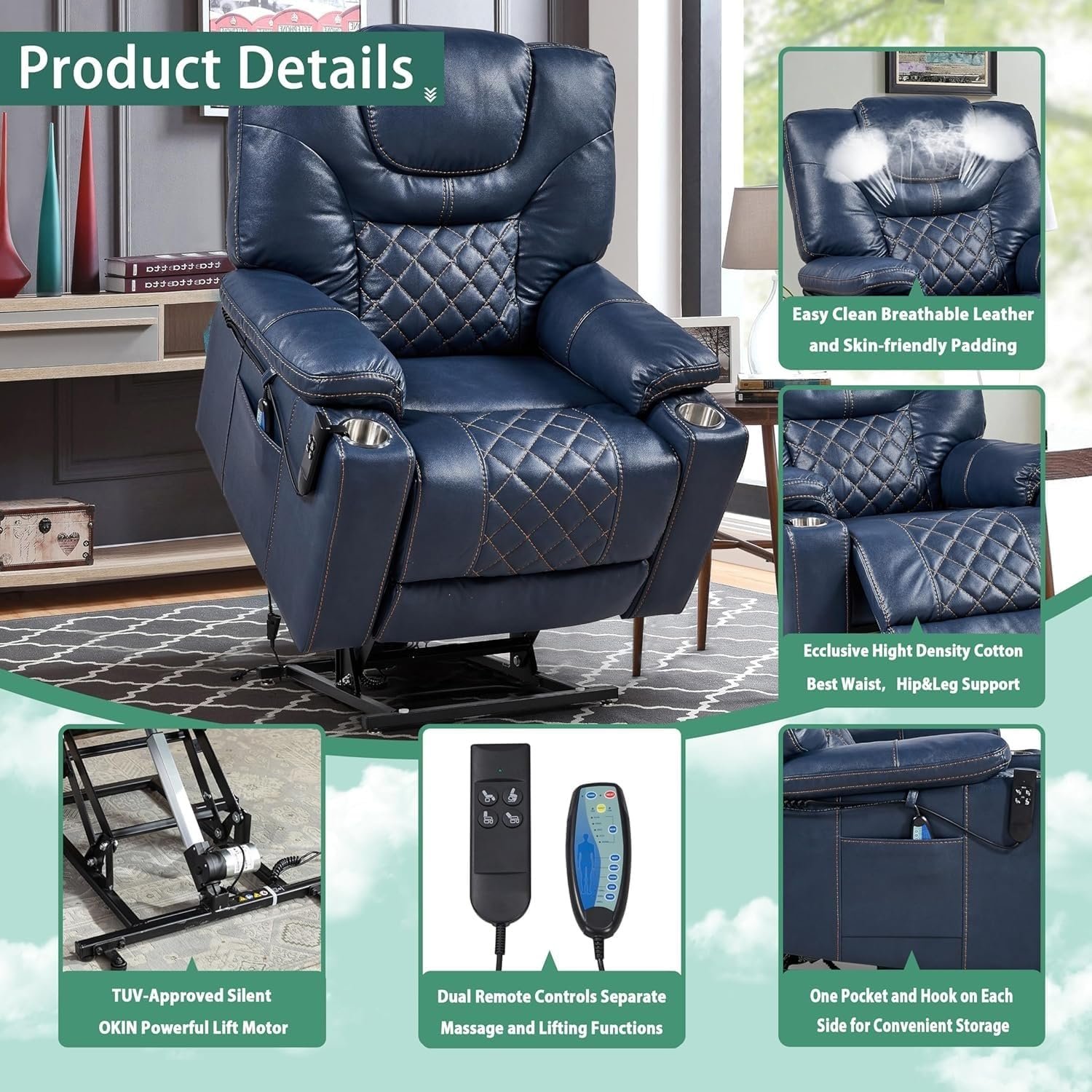 Electric Recliners Chair Elderly  Adult Ergonomic Power Lift Recliner, High Density Foam Lift Chair with Heat and Massage, Reclining to 180, 2 Cup Holders, 2 Remote Controls, Dual Motors, Breathable