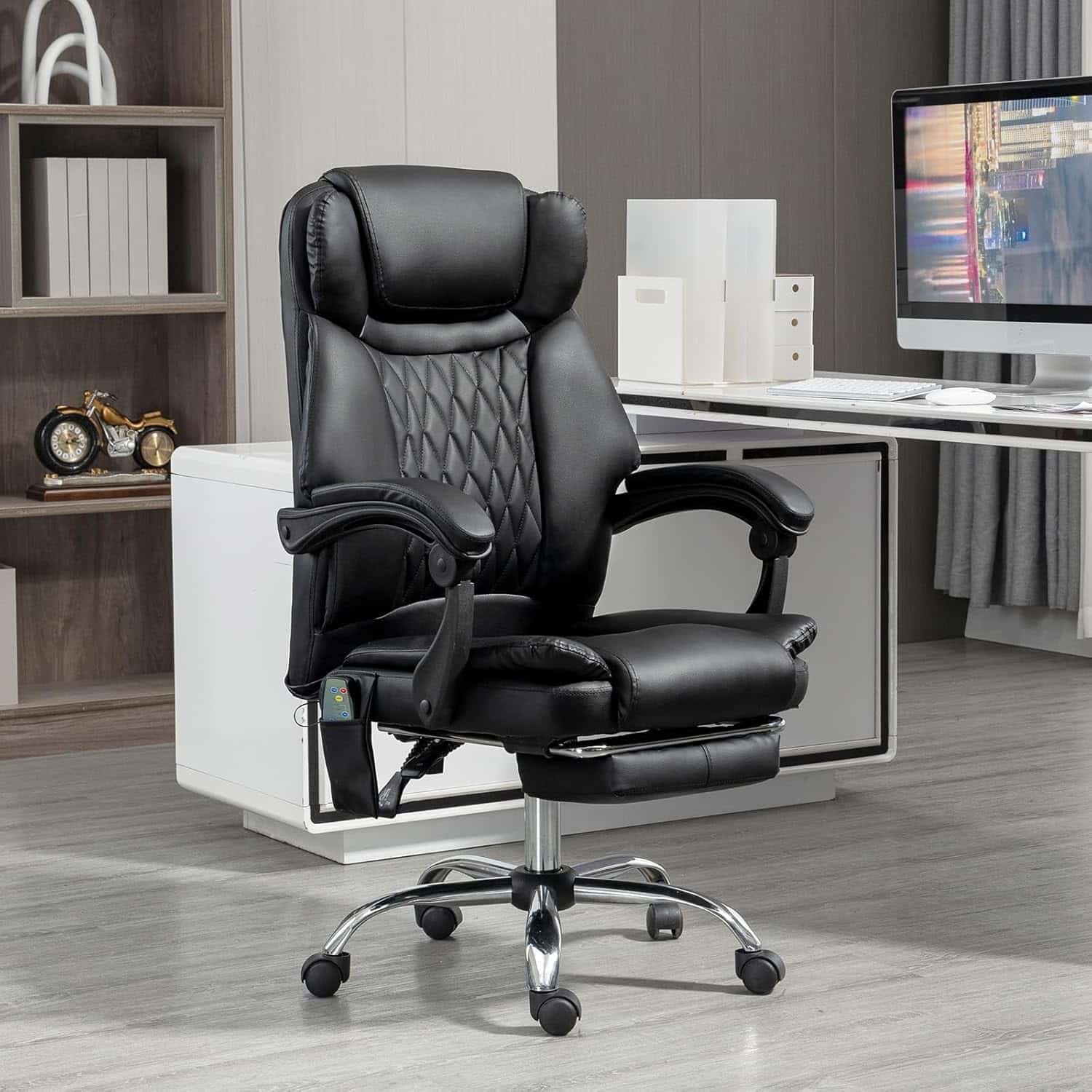 Ergonomic Office Chair with Massager, Heated Office Chair Reclining Massage Desk Chair, Home Office Desk Chair w/Foot Rest, Padded Armrest, Height Adjustable Swivel Work Chair (White)