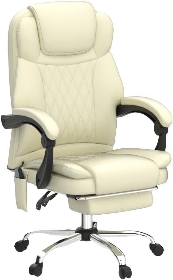 Ergonomic Office Chair with Massager, Heated Office Chair Reclining Massage Desk Chair, Home Office Desk Chair w/Foot Rest, Padded Armrest, Height Adjustable Swivel Work Chair (White)