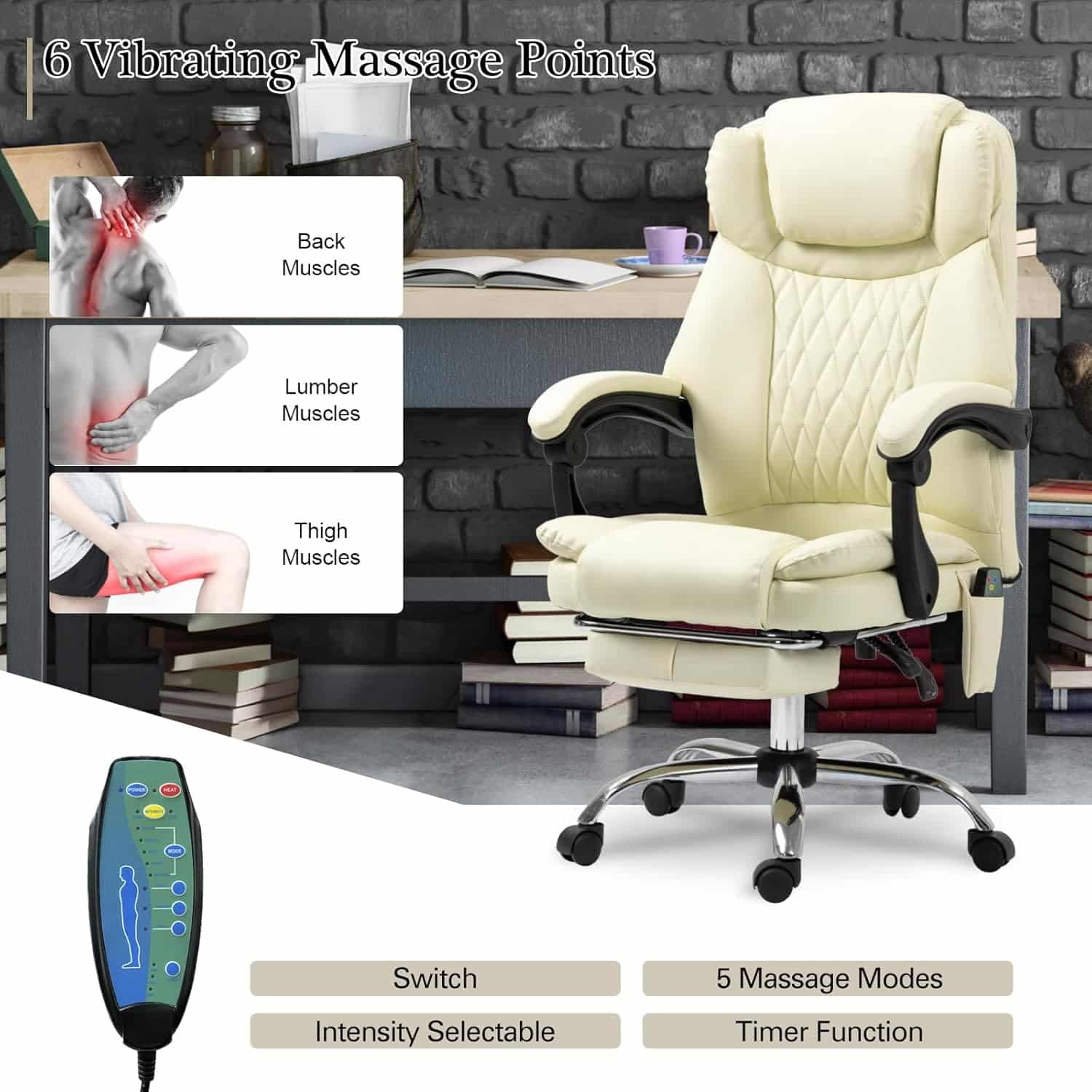 Ergonomic Office Chair with Massager, Heated Office Chair Reclining Massage Desk Chair, Home Office Desk Chair w/Foot Rest, Padded Armrest, Height Adjustable Swivel Work Chair (White)