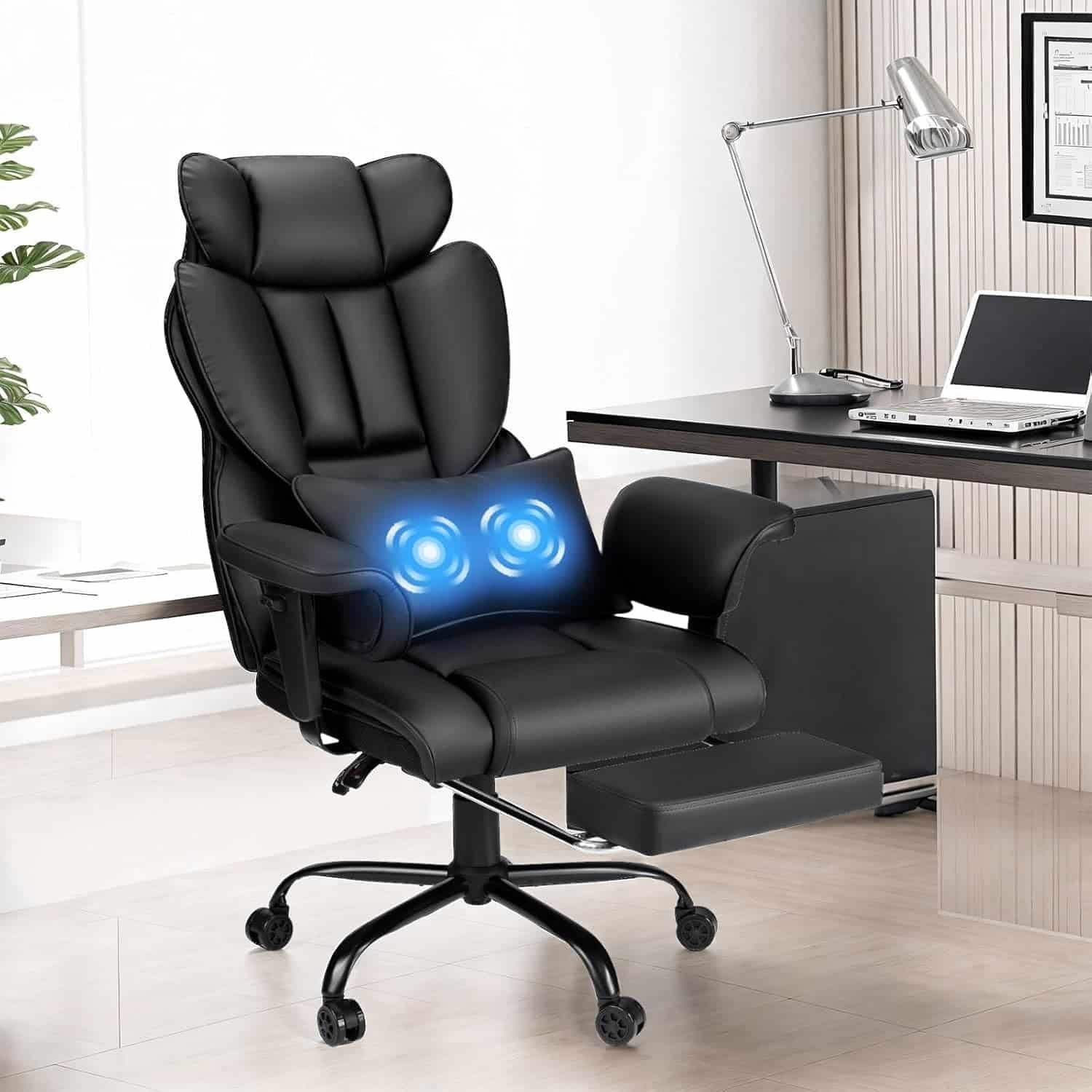 Executive Office Chair Big and Tall with Massage Lumbar Support 450lbs Reclining Office Chair with Footrest Heavy Duty Desk Chair High Back Ergonomic Leather Chair for Heavy People Black
