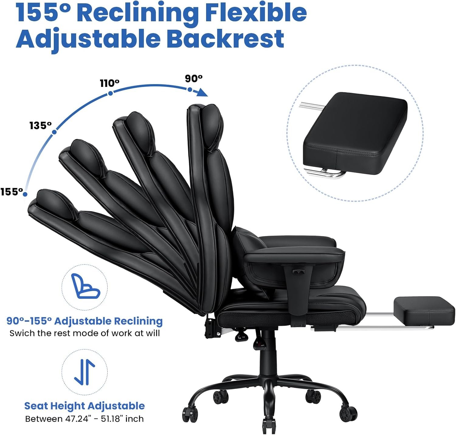 Executive Office Chair Big and Tall with Massage Lumbar Support 450lbs Reclining Office Chair with Footrest Heavy Duty Desk Chair High Back Ergonomic Leather Chair for Heavy People Black