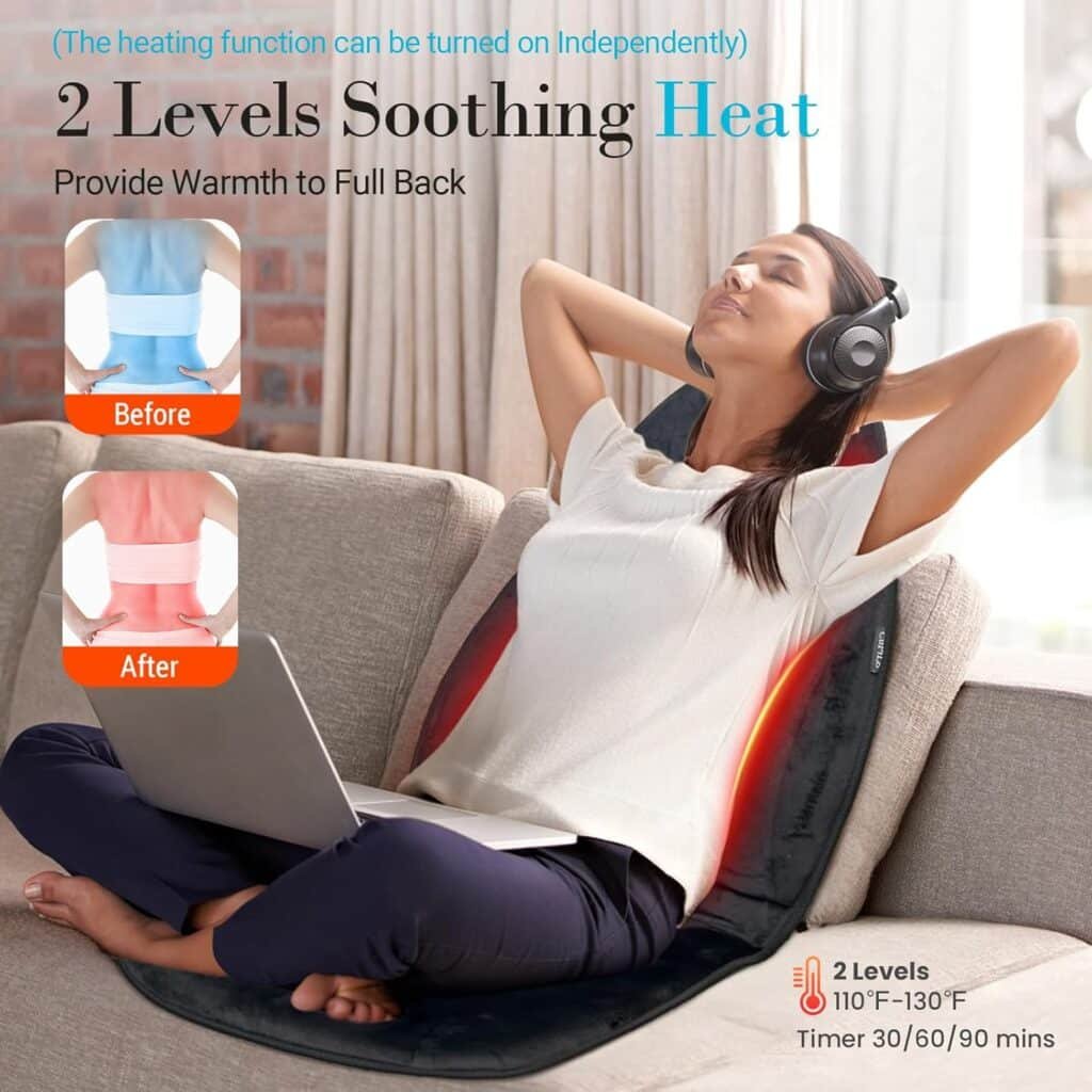 Full Back Massager with Heat, 5 Vibrating Modes  2 Heat Levels, Back Massager Chair Pad, Electric Massage Seat Cushion, Seat Massage Pad, Ideal Chritmas Gifts for Men Dad Mom Him Her (Black)