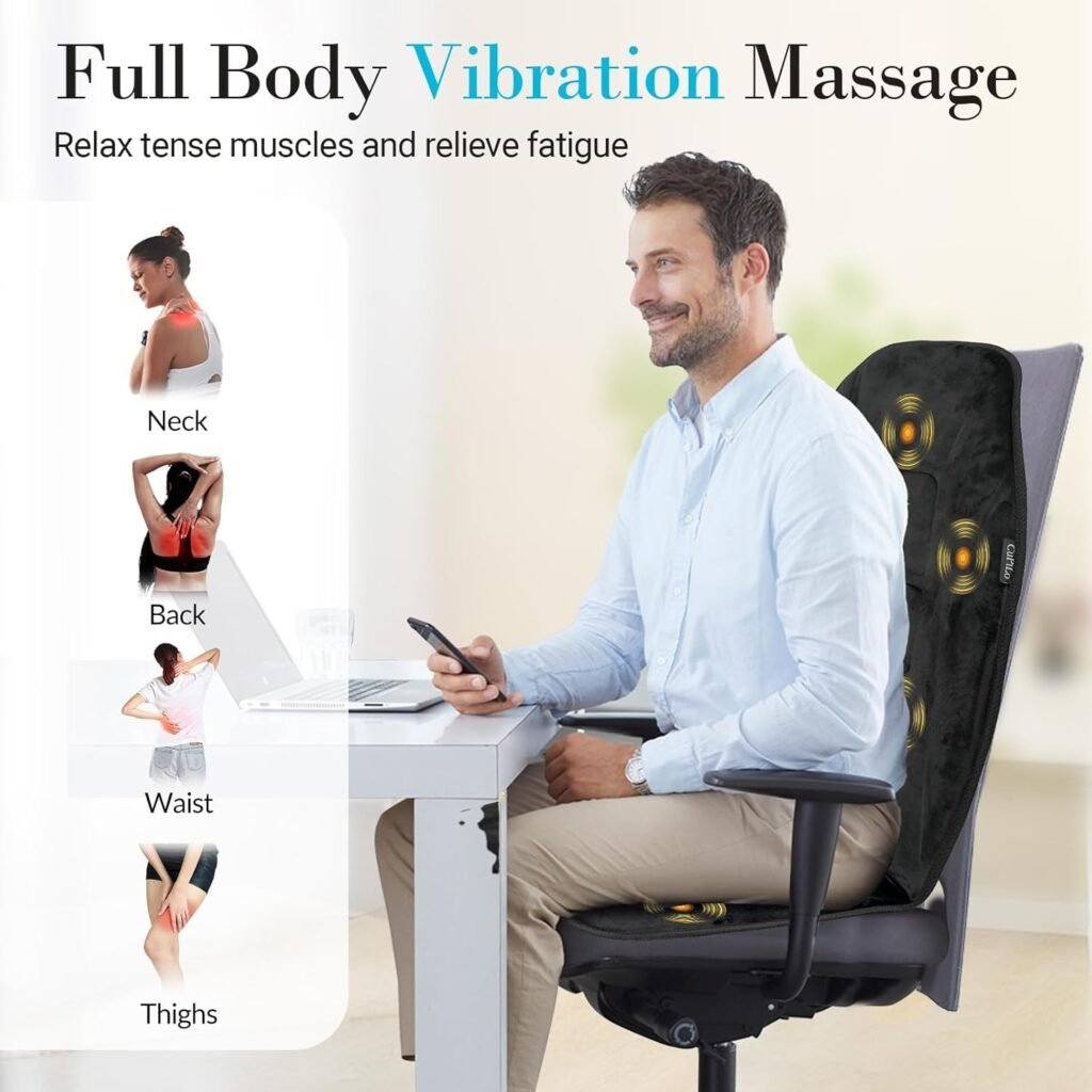 Full Back Massager with Heat, 5 Vibrating Modes  2 Heat Levels, Back Massager Chair Pad, Electric Massage Seat Cushion, Seat Massage Pad, Ideal Chritmas Gifts for Men Dad Mom Him Her (Black)