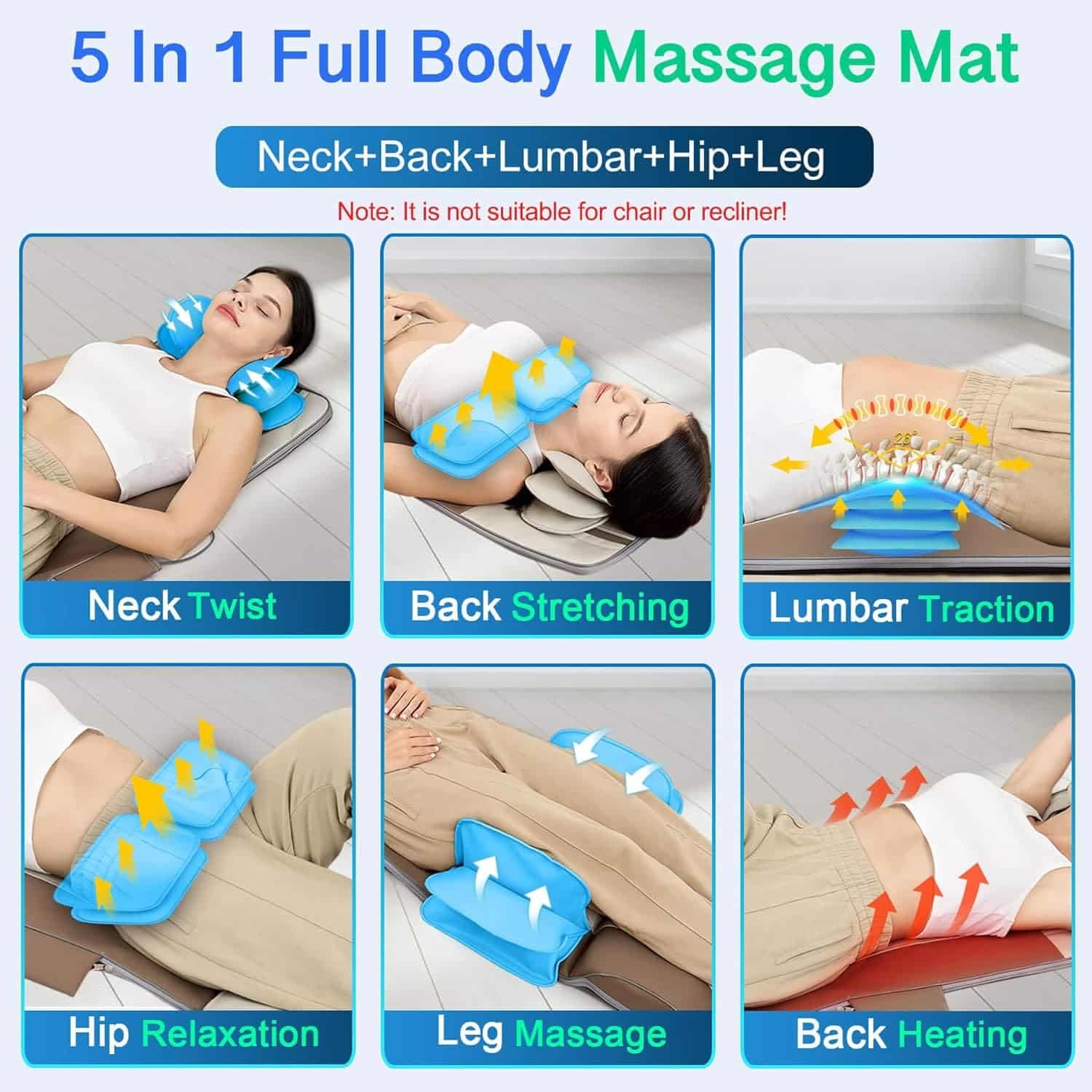 Full Body Massage Mat, 3D Body Stretching  Lumbar Traction, Back Heating, Traction Up  Down, Curve Stretch, Twist Left  Right, 4 Modes 3 Intensities 3 Heat Levels, PU Leather, Foldable, Fit 51-60