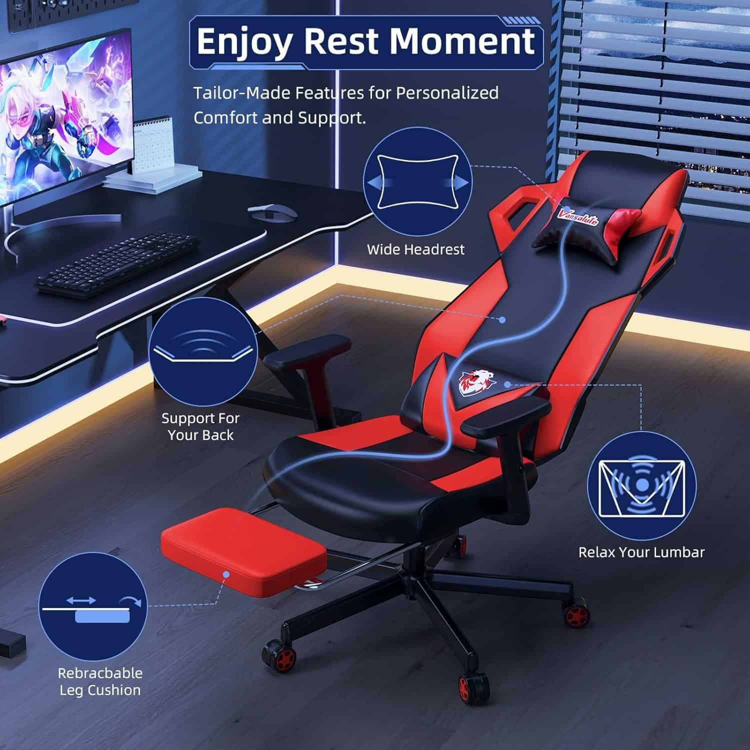 Gaming Chair, Computer Chair with Footrest and Lumbar Support, PU Leather High Back Adjustable Game Chair with Adjustable Armrest and Headrest Swivel Task Chair for Office or Gaming