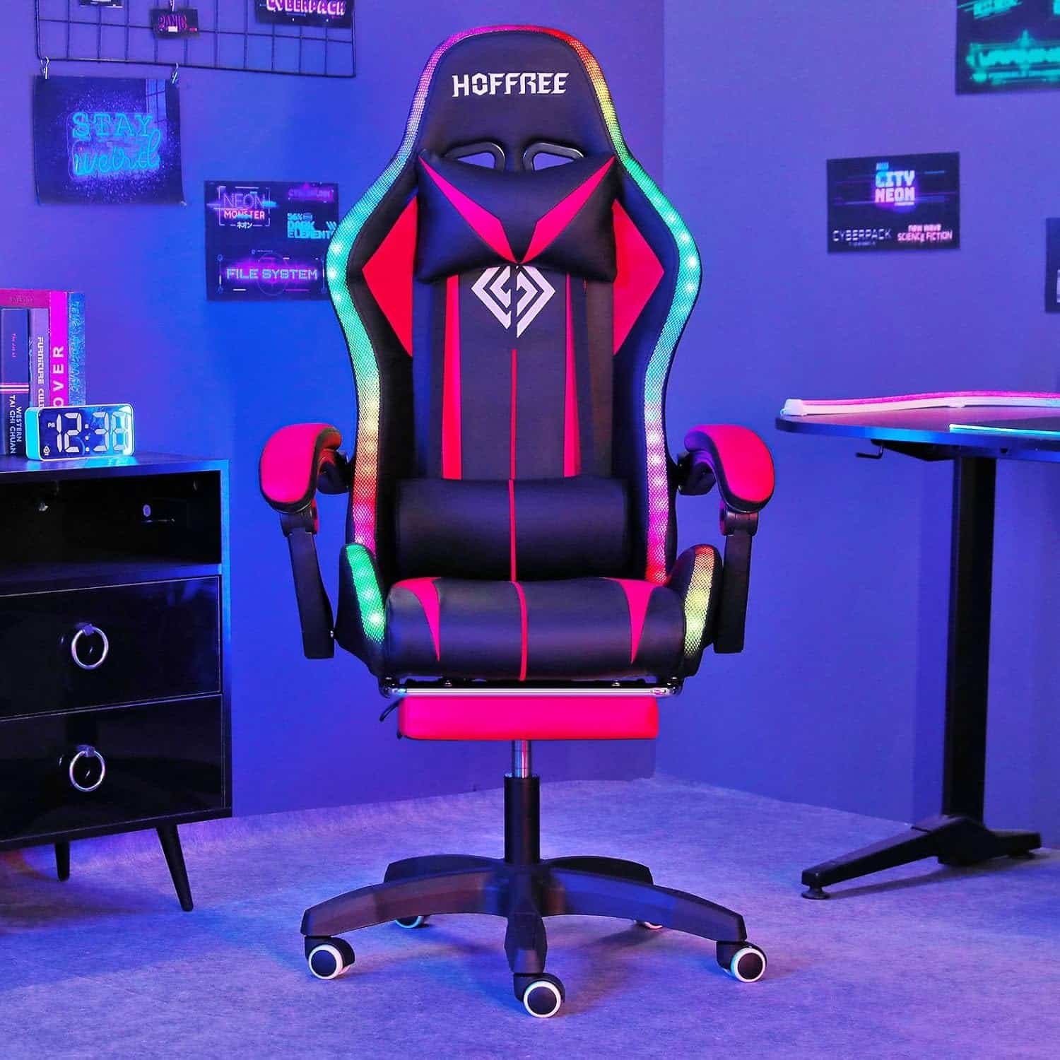 Gaming Chair Massage with LED RGB Lights and Footrest Ergonomic Computer Chair High Back Video Game Chair with Adjustable Lumbar Support Linkage Armrest Red and Black
