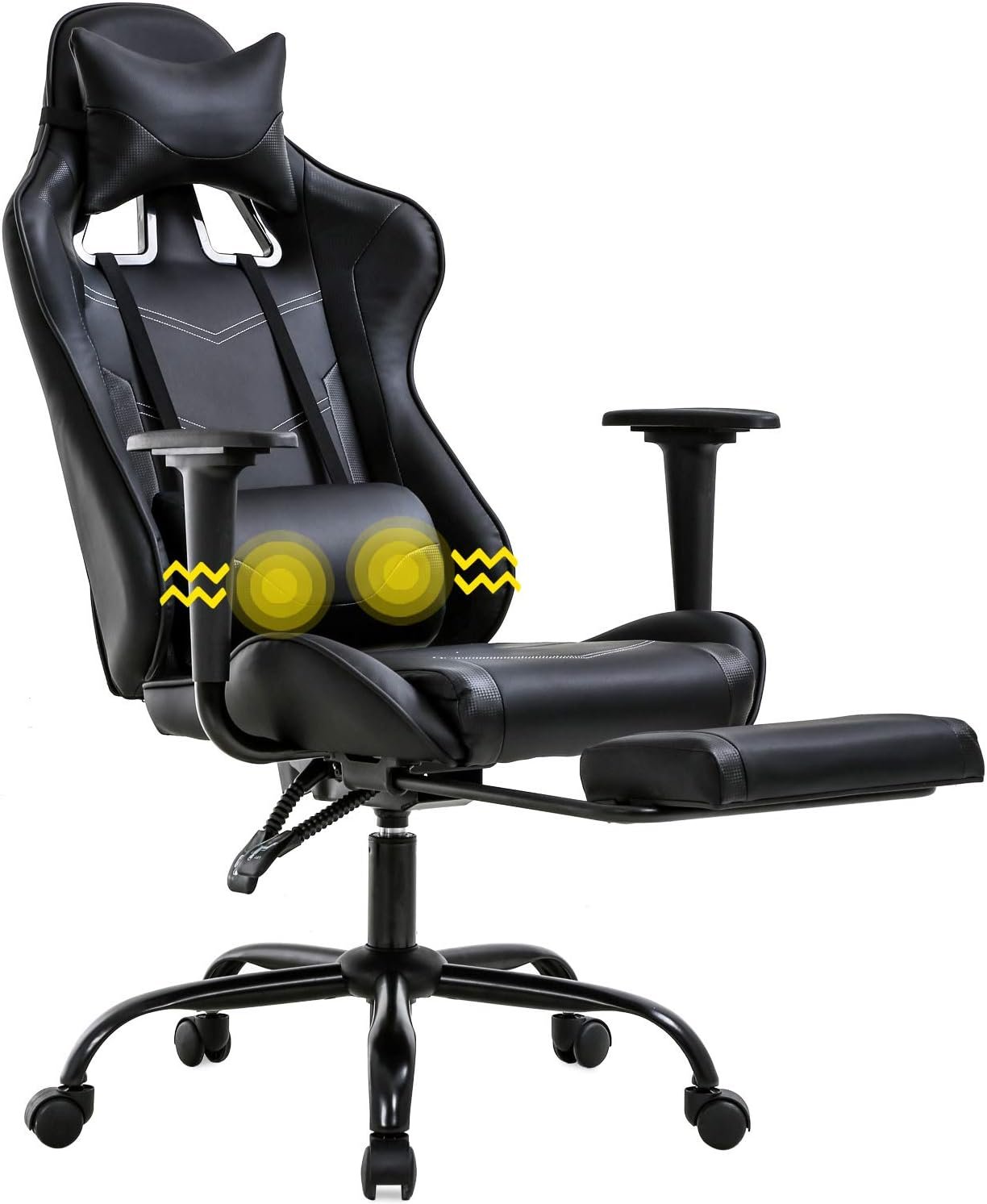 Gaming Chair Racing Office Chair Ergonomic Desk Chair Massage PU Leather Recliner PC Computer Chair with Lumbar Support Headrest Armrest Footrest Rolling Swivel Task Chair for Women Adults, Black