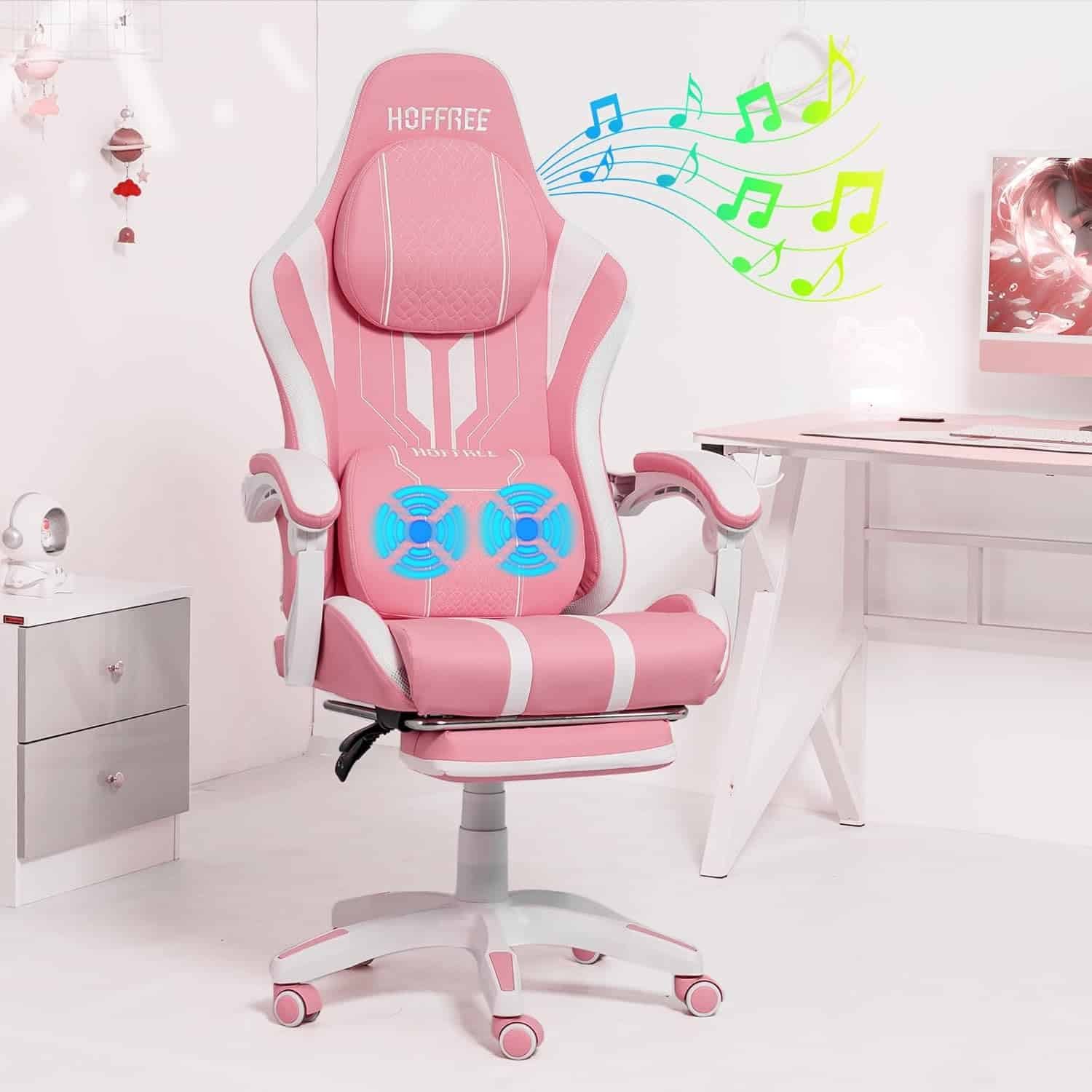 Gaming Chair with Speakersand Massage Big and Tall Gaming Chairs with Footerst and Bluetooth for Adults 400lbs for Heavy People Reclining High Back Computer Desk Chair Cute Pink and White Gaming Chair with Speakersand Massage Big and Tall Gaming Chairs with Footerst and Bluetooth for Adults 400lbs for Heavy People Reclining High Back Computer Desk Chair Cute Pink and White