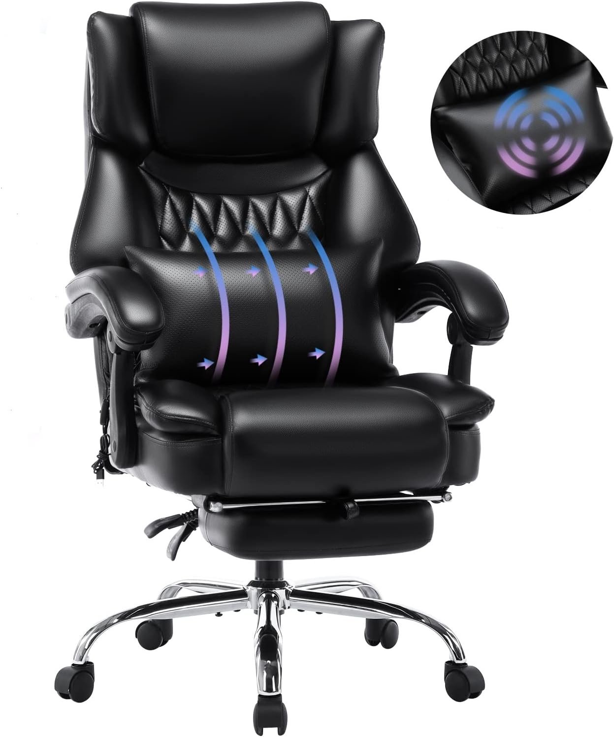 High Back Massage Reclining Office Chair with Footrest - Executive Computer Home Desk Massaging Lumbar Cushion, Adjustable Angle, Breathable Thick Padding for Comfort