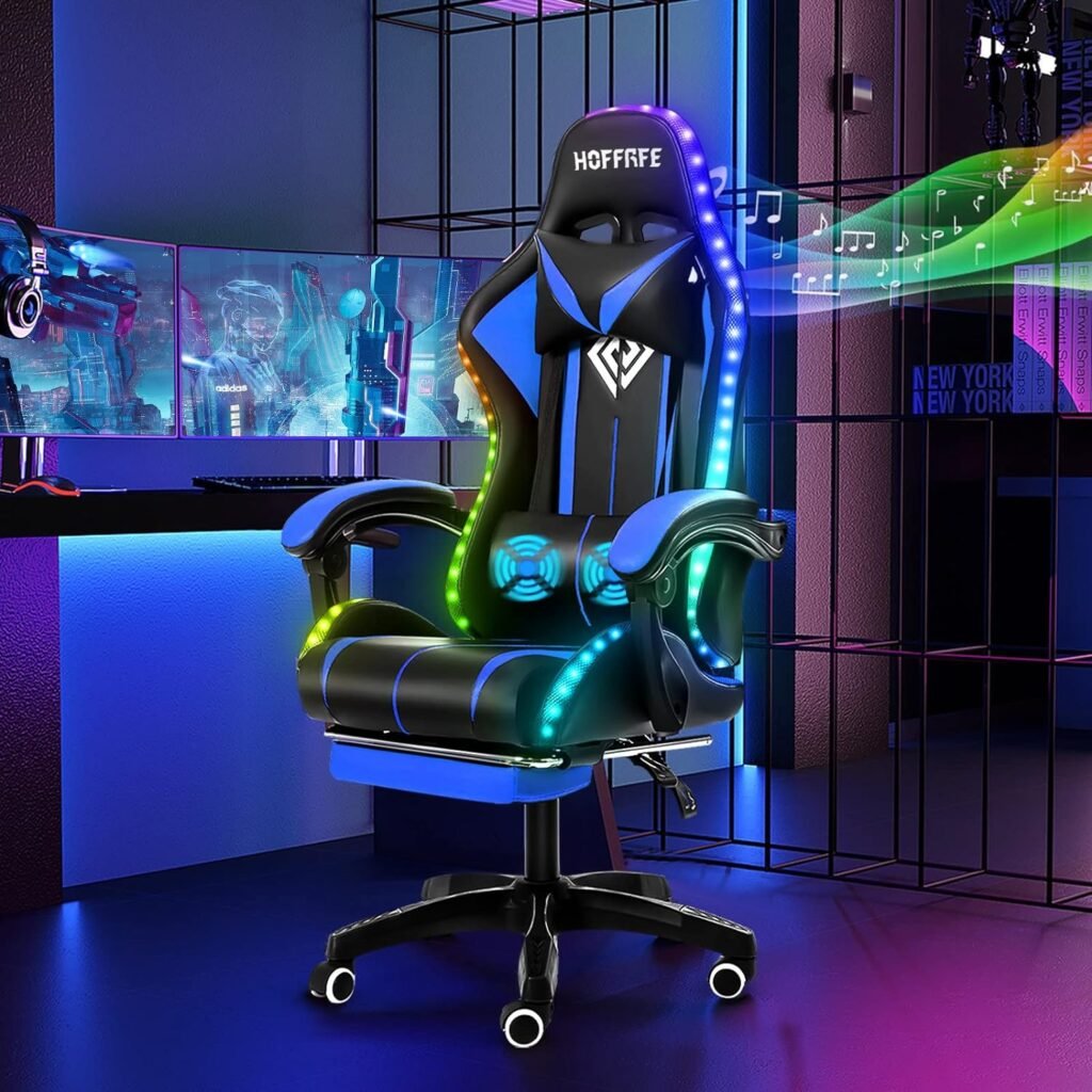 HOFFREE RGB Gaming Chair with Speakers Massage Computer Gaming Chair with LED Lights and Footrest High Back Video Game Chair for Adults Blue and Black HOFFREE RGB Gaming Chair with Speakers Massage Computer Gaming Chair with LED Lights and Footrest High Back Video Game Chair for Adults Blue and Black