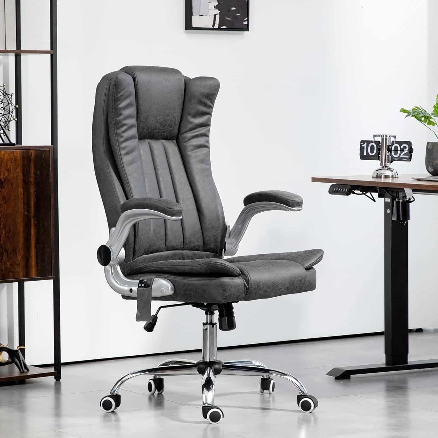 HOMCOM High Back Vibration Massage Office Chair, Heated Computer Chair with Flip-up Armrest, Swivel Wheels, Adjustable Height, Gray