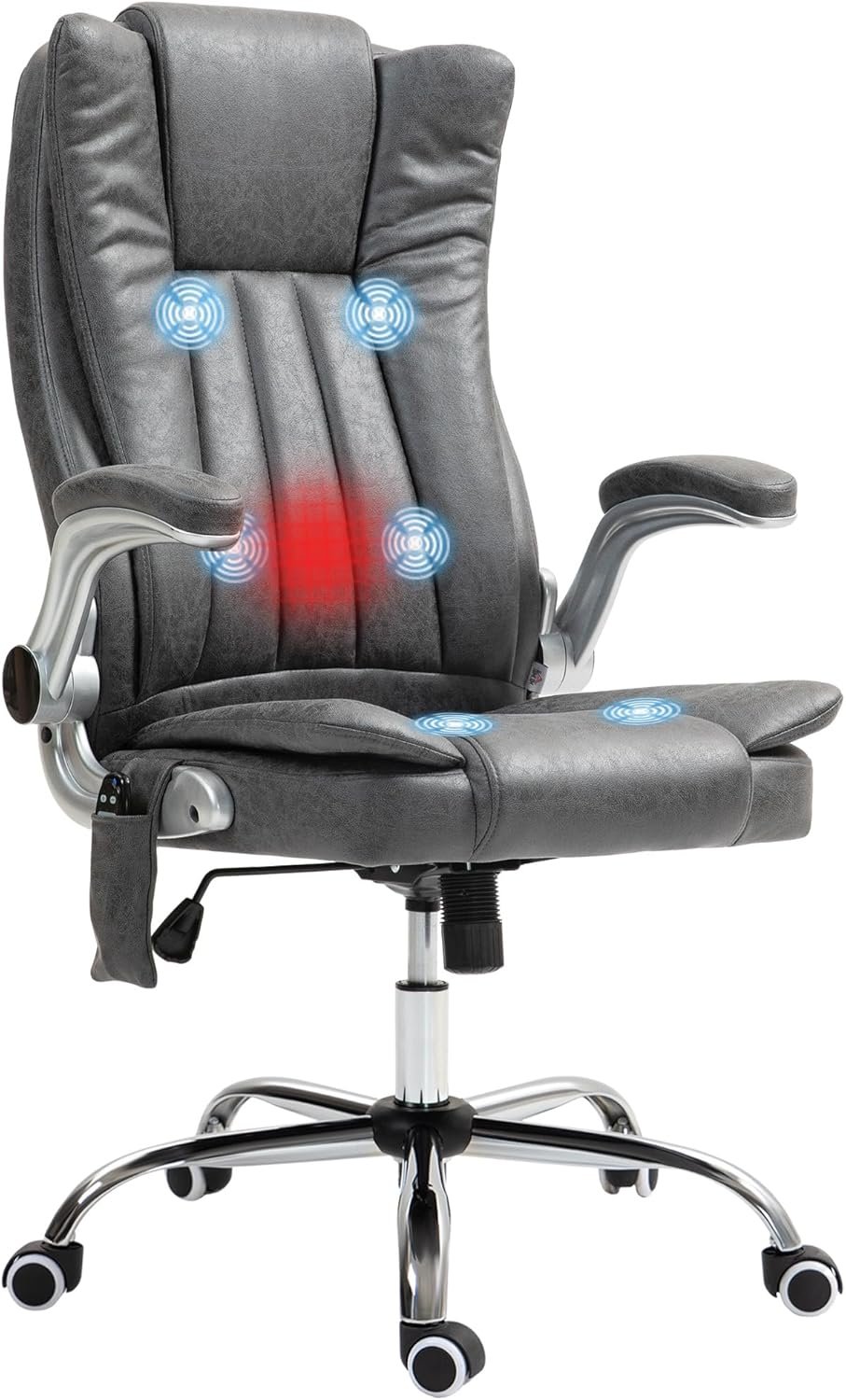 HOMCOM High Back Vibration Massage Office Chair, Heated Computer Chair with Flip-up Armrest, Swivel Wheels, Adjustable Height, Gray