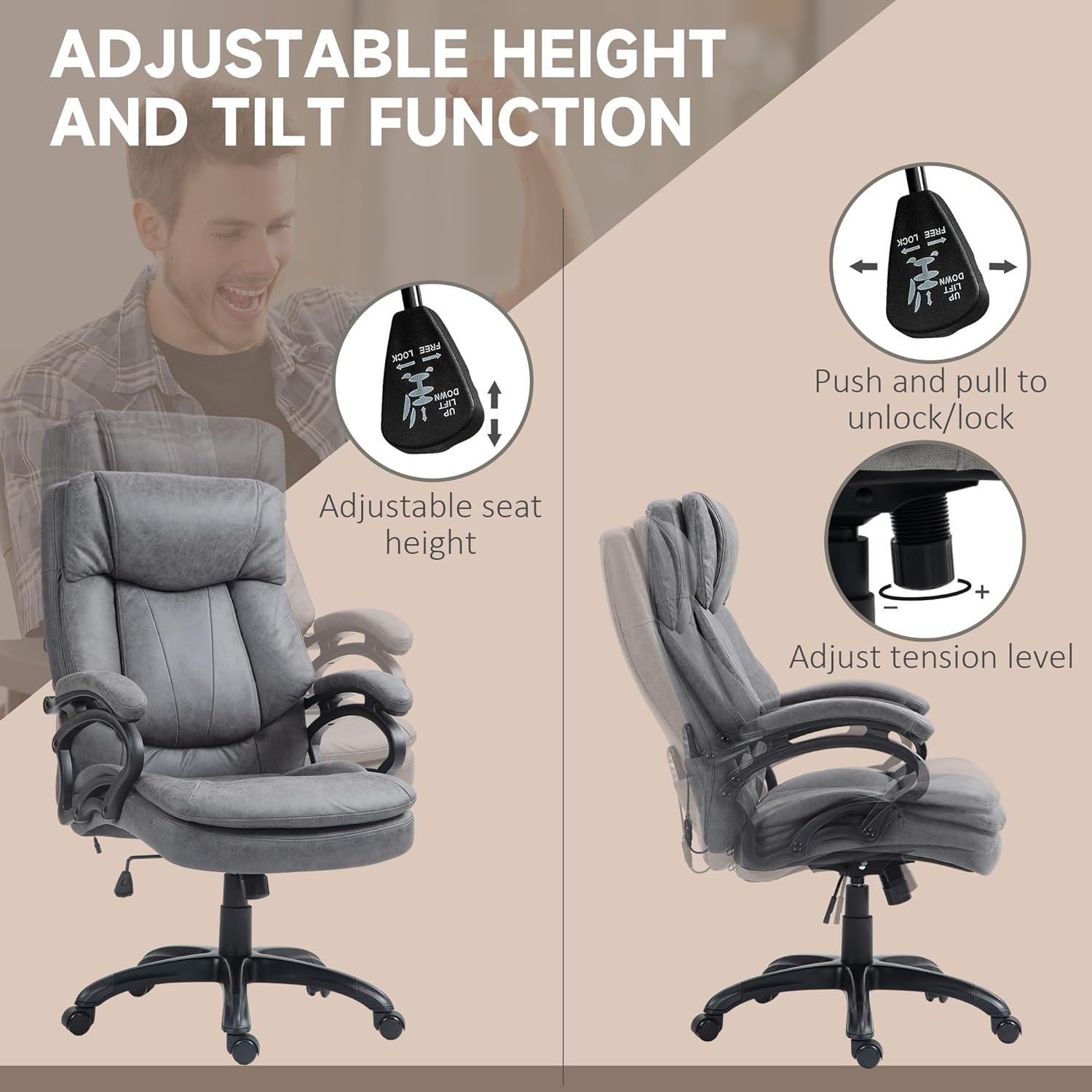 HOMCOM Massage Executive Office Chair with 6 Vibration Points, Microfibre Heated Computer Desk Chair with Adjustable Height, Remote, Swivel Wheels, Gray