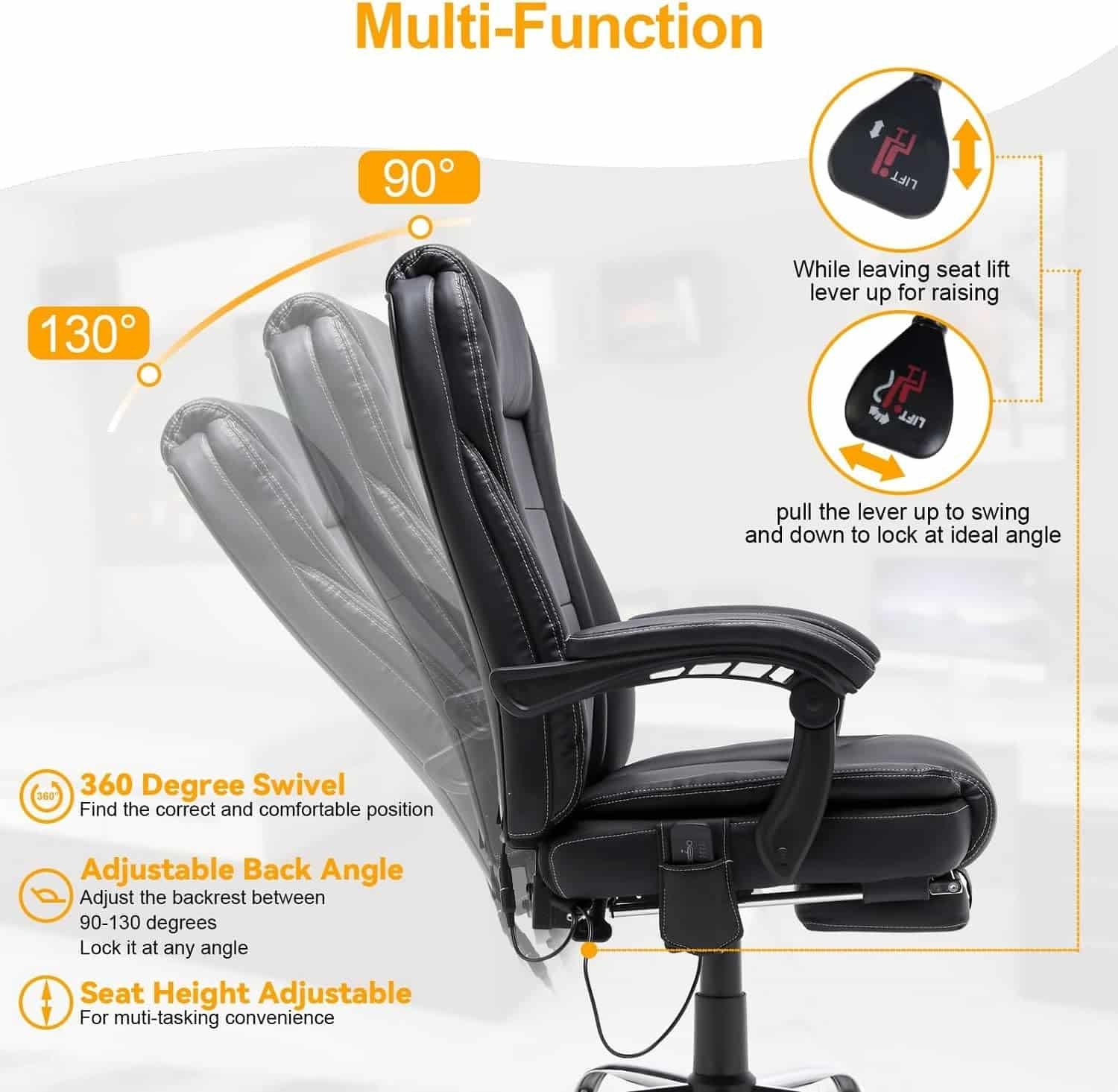 HOMREST 4-Point Massage Reclining Office Chair, Leather Heating Executive Chair, Ergonomic Home Office Desk Chair with Retractable Footrest,Computer Chair for Home Office, Study, Gaming (Black)