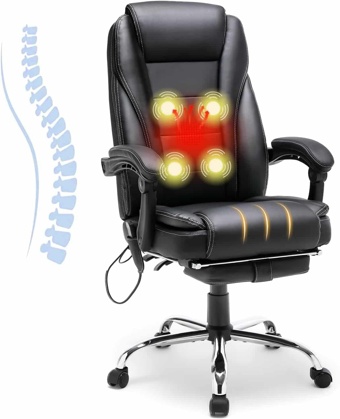 HOMREST 4-Point Massage Reclining Office Chair, Leather Heating Executive Chair, Ergonomic Home Office Desk Chair with Retractable Footrest,Computer Chair for Home Office, Study, Gaming (Black)
