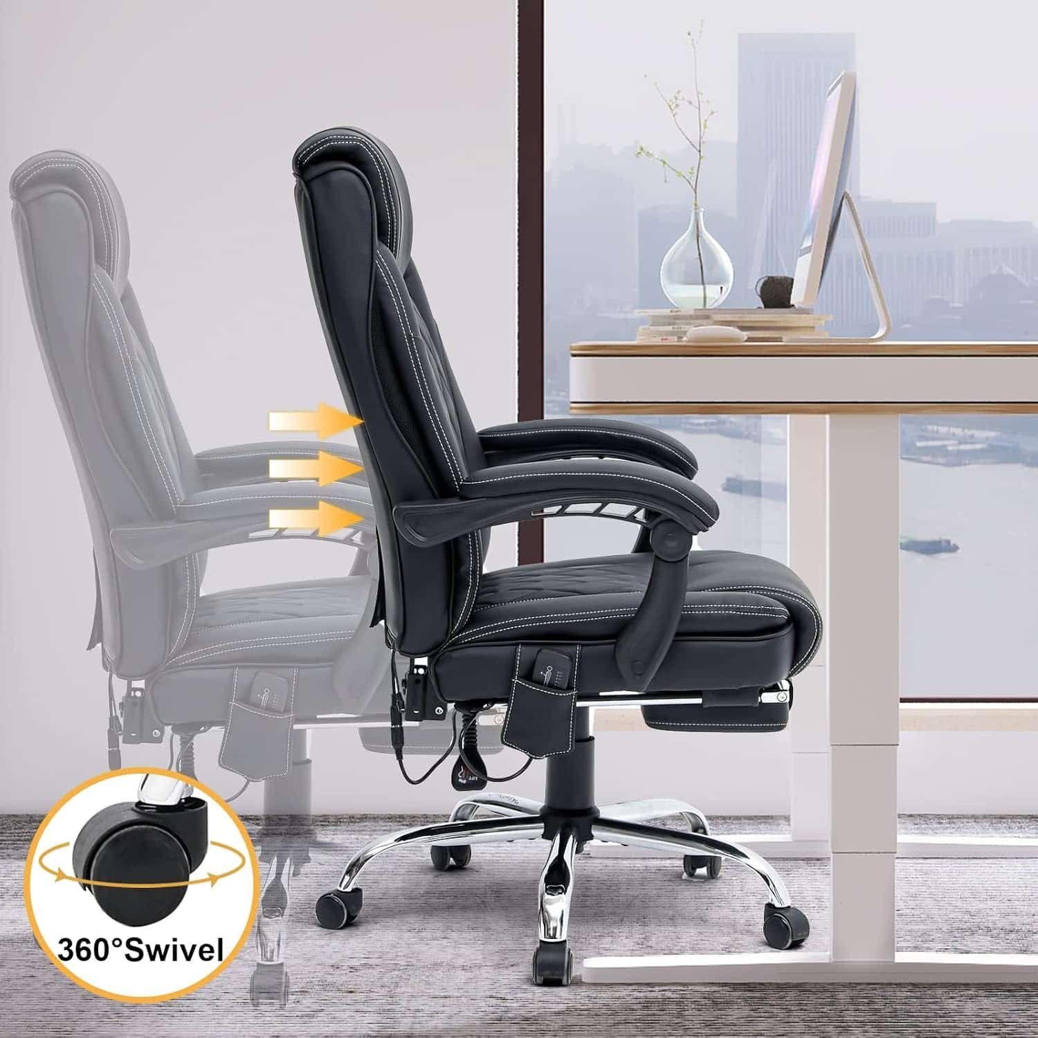 HOMREST 6-Point Massage Office Chair,Heated ​Executive Chair,Ergonomic Home Office Desk Chair,PU Leather with Retractable Footrest,Adjustable Armrest Head Support(Black)