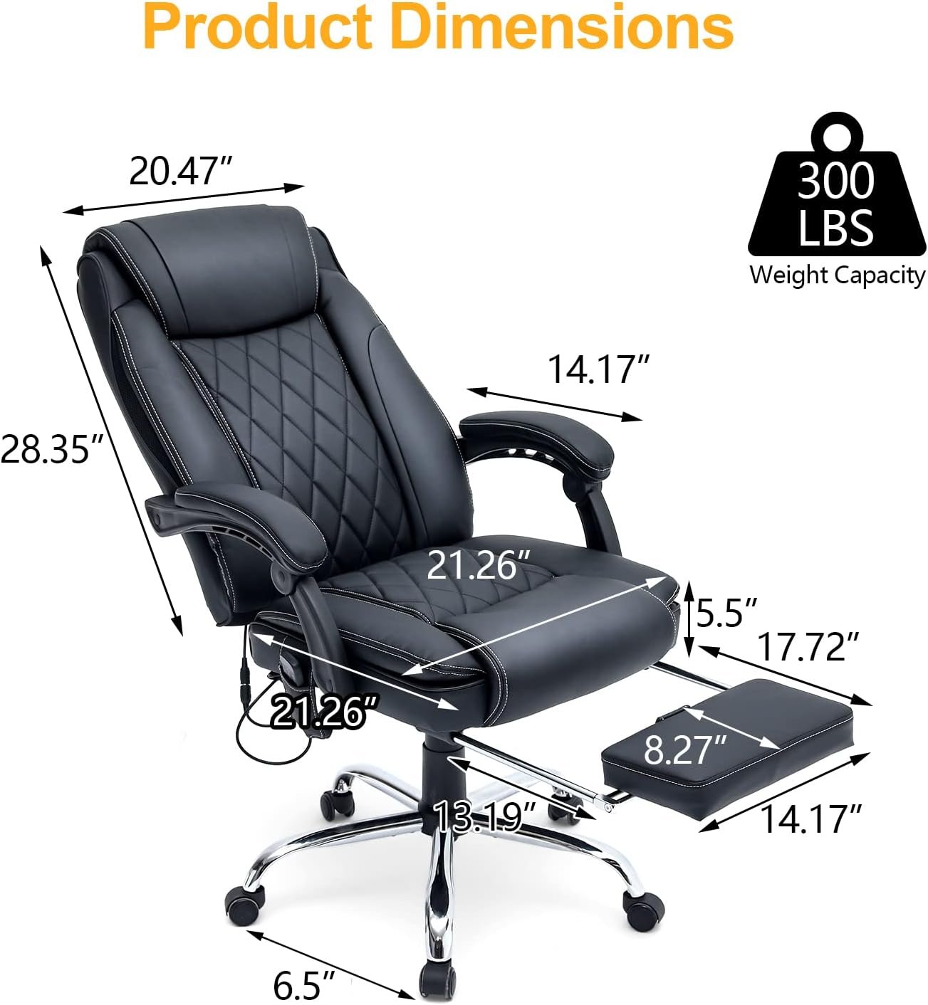 HOMREST 6-Point Massage Office Chair,Heated ​Executive Chair,Ergonomic Home Office Desk Chair,PU Leather with Retractable Footrest,Adjustable Armrest Head Support(Black)