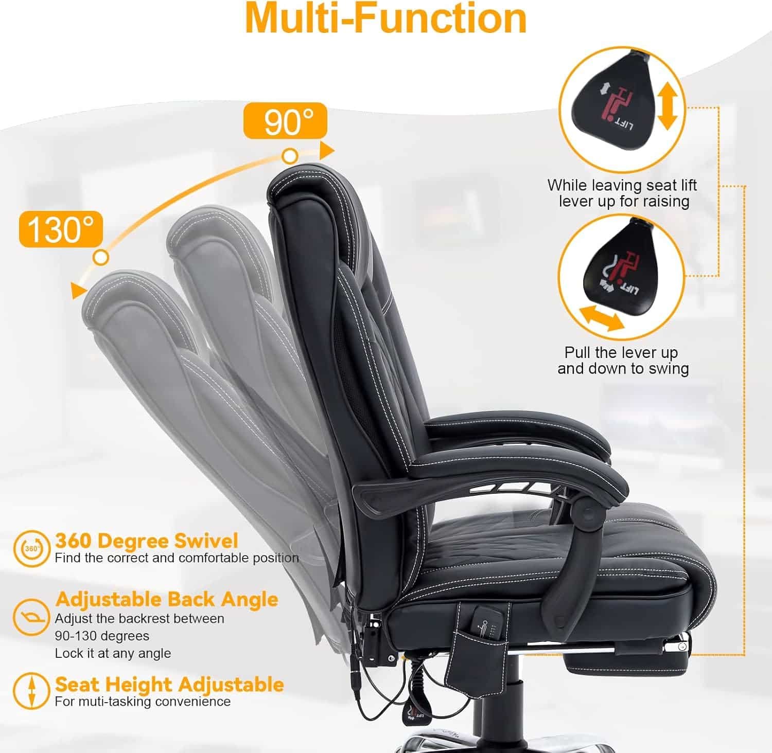 HOMREST 6-Point Massage Office Chair,Heated ​Executive Chair,Ergonomic Home Office Desk Chair,PU Leather with Retractable Footrest,Adjustable Armrest Head Support(Black)