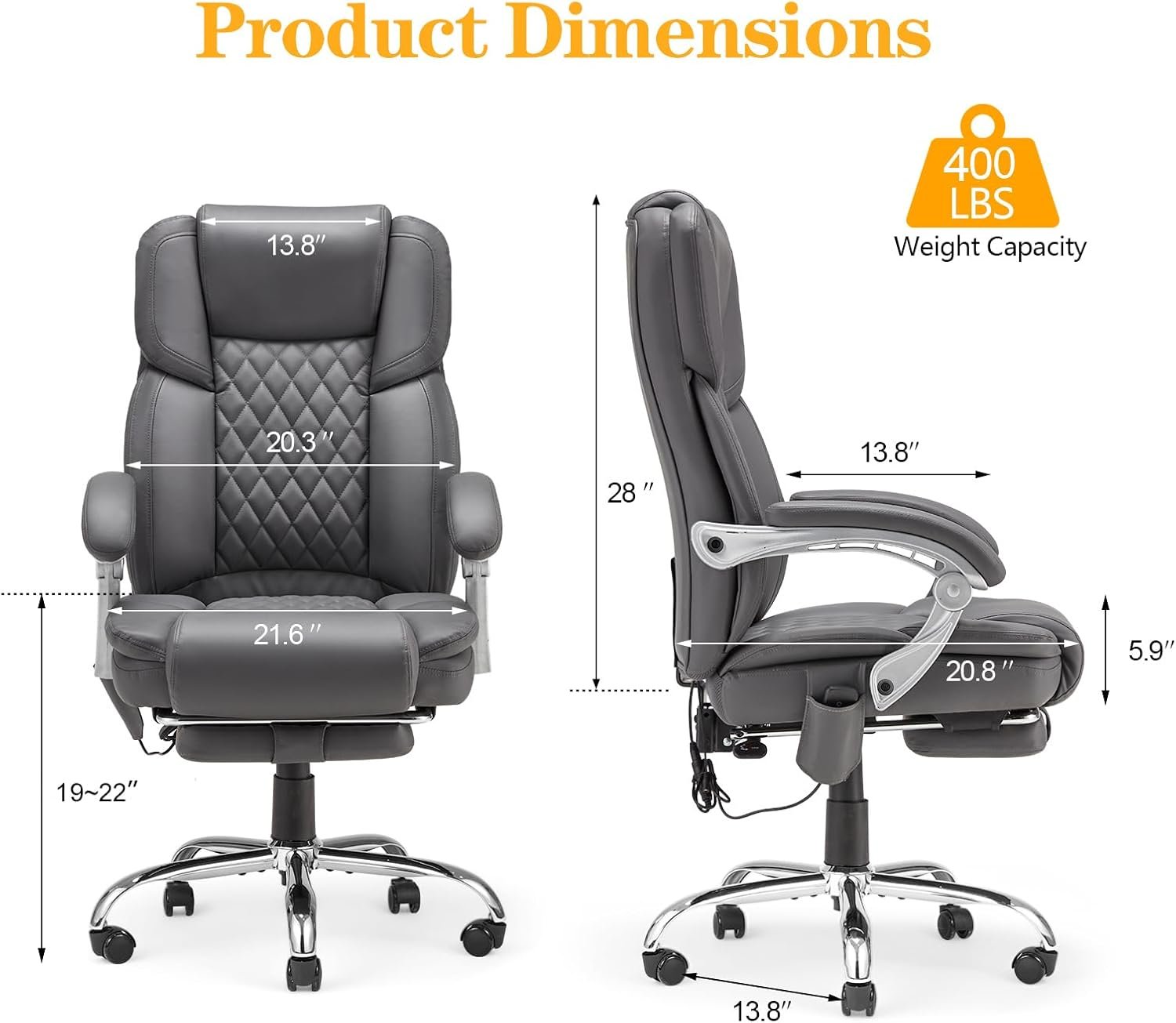 HOMREST Executive Office Chair with Footrest, 4-Point Massage Office Chair with Reclining Backrest, Heated Leather Computer Chair for Home Office(Cream)