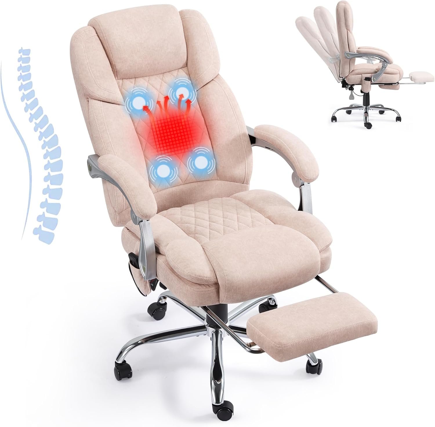HOMREST Executive Office Chair with Footrest, 4-Point Massage Office Chair with Reclining Backrest, Heated Leather Computer Chair for Home Office(Cream)