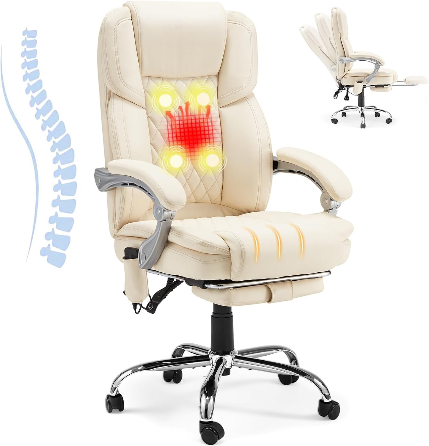 HOMREST Executive Office Chair with Footrest, 4-Point Massage Office Chair with Reclining Backrest, Heated Leather Computer Chair for Home Office(Cream)