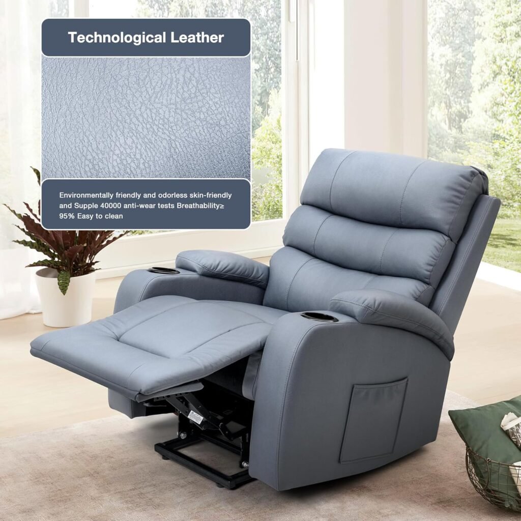 HOMREST Power Lift Recliner Chair with Massage and Heat for Elderly, PU Leather Electric Recliner Lift Chair with 2 Cup Holders, 2 Side Pockets, USB Ports for Living Room, Blue