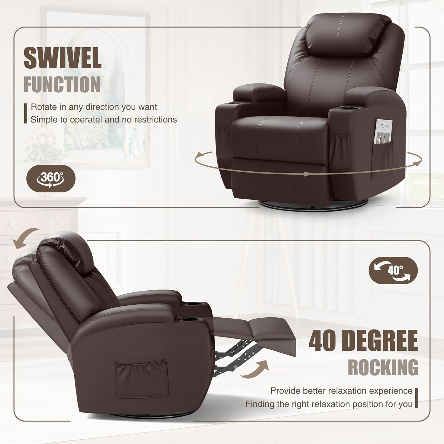 JUMMICO Recliner Chair, Rocking Massage Chairs, Home Reclining Sofa Chair, PU Leather, Ergonomic Living Room Chair with Cup Holders, Remote Control (Black)