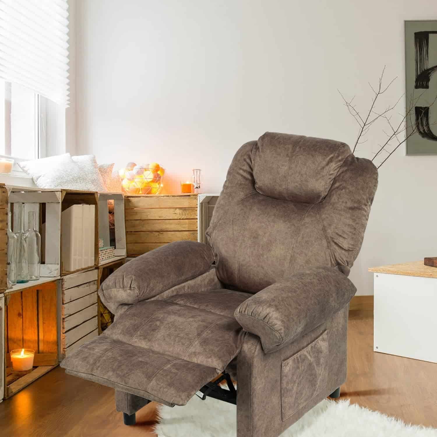 KCREAM Massage Recliner Chairs with Heat and Vibration,Manual Fabric Recliners Single Sofa Chair Comfy Reclining Chair Home Theater Seating with Side Pockets for Living Room, Bedroom,Brown