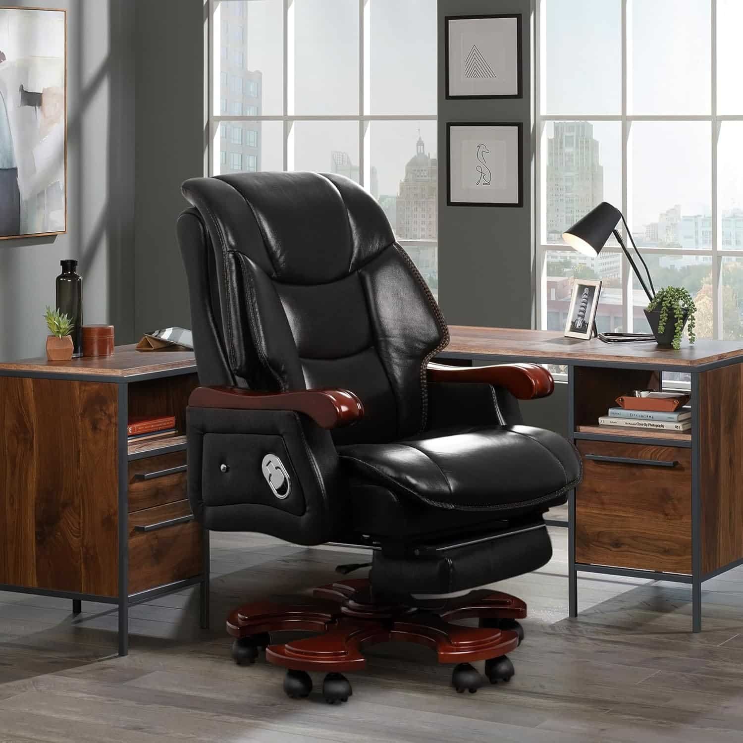 Kinnls Jones Executive Office Chair with Massage,Genuine Leather Luxury Managerial Executive Home Office Desk Chairs Big and Tall, Adjustable Back and Retractable Footrest (Massage Chair-Coffee)